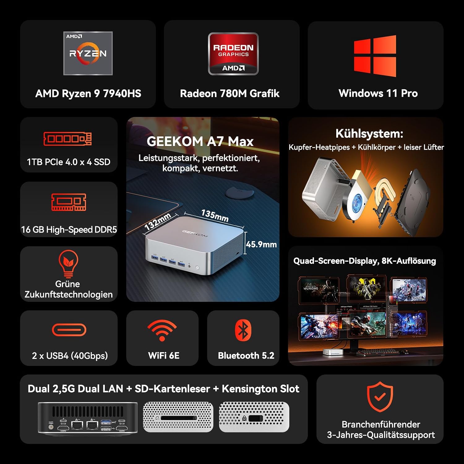 Thumbnail 1 de GEEKOM AI Mini PC A7 Max (2026 Edition) mit AMD Ryzen 9 7940HS, Windows 11 Pro, DDR5 bis 128 GB und 1 TB SSD