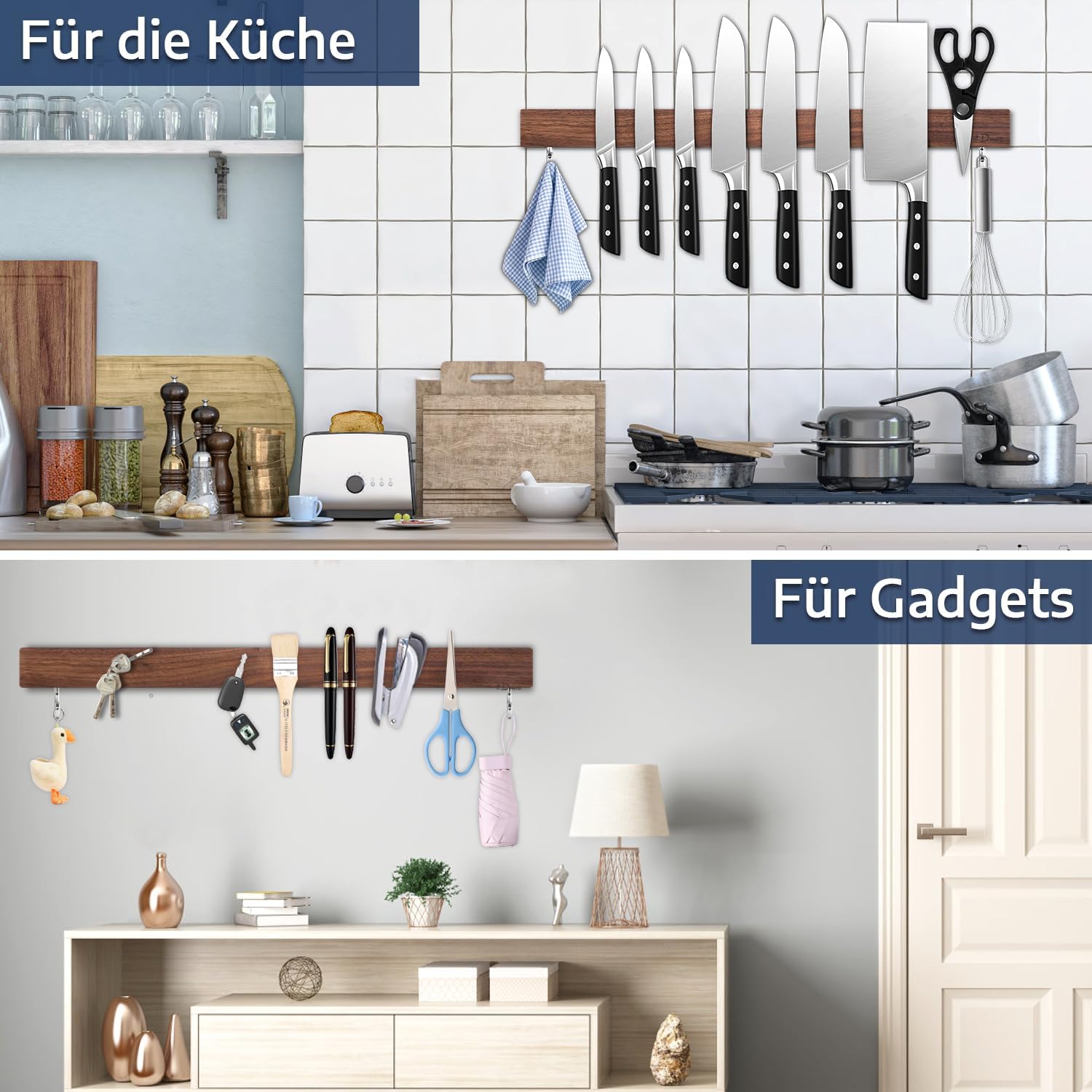 Thumbnail 6 de Dmore Magnetleiste für Messer (50 cm) mit 2 Haken – magnetisch ohne Bohren aus Walnuss