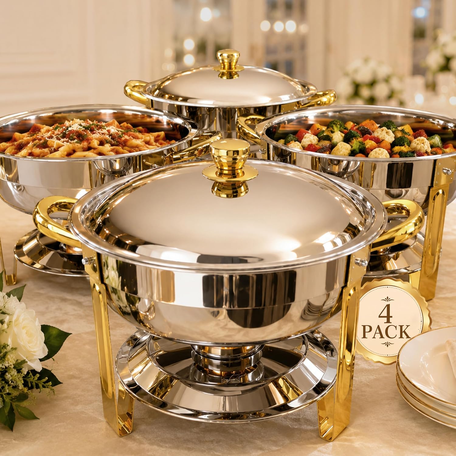 Detalle de Chafing Dishes for Buffet 4 Pack - 6QT Round Stainless Steel with Elegant Gold & Silver Accents