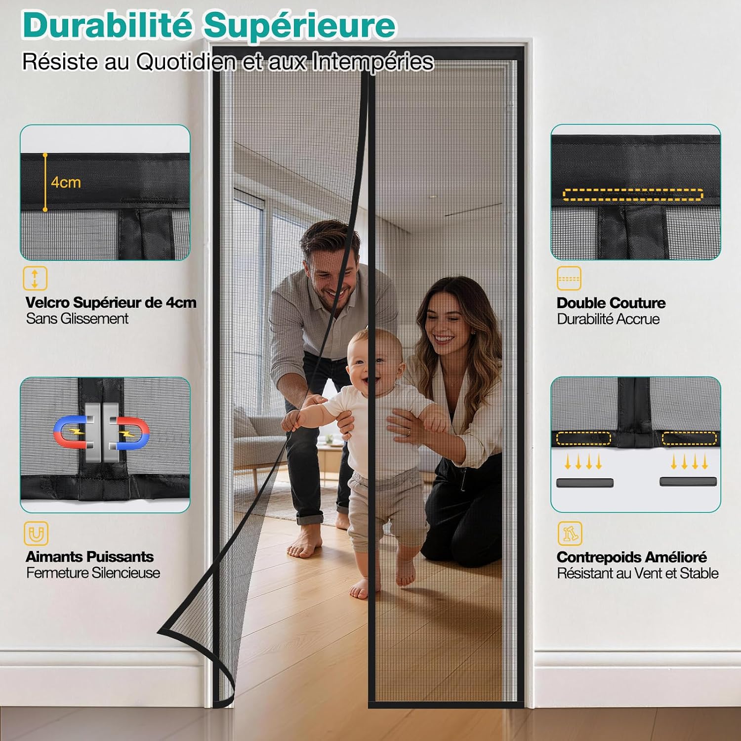 Detalle de HALIDOOR Moustiquaire Porte Fenêtre 140x210 cm – Rideau anti-moustique noir, fermeture automatique, sans perçage