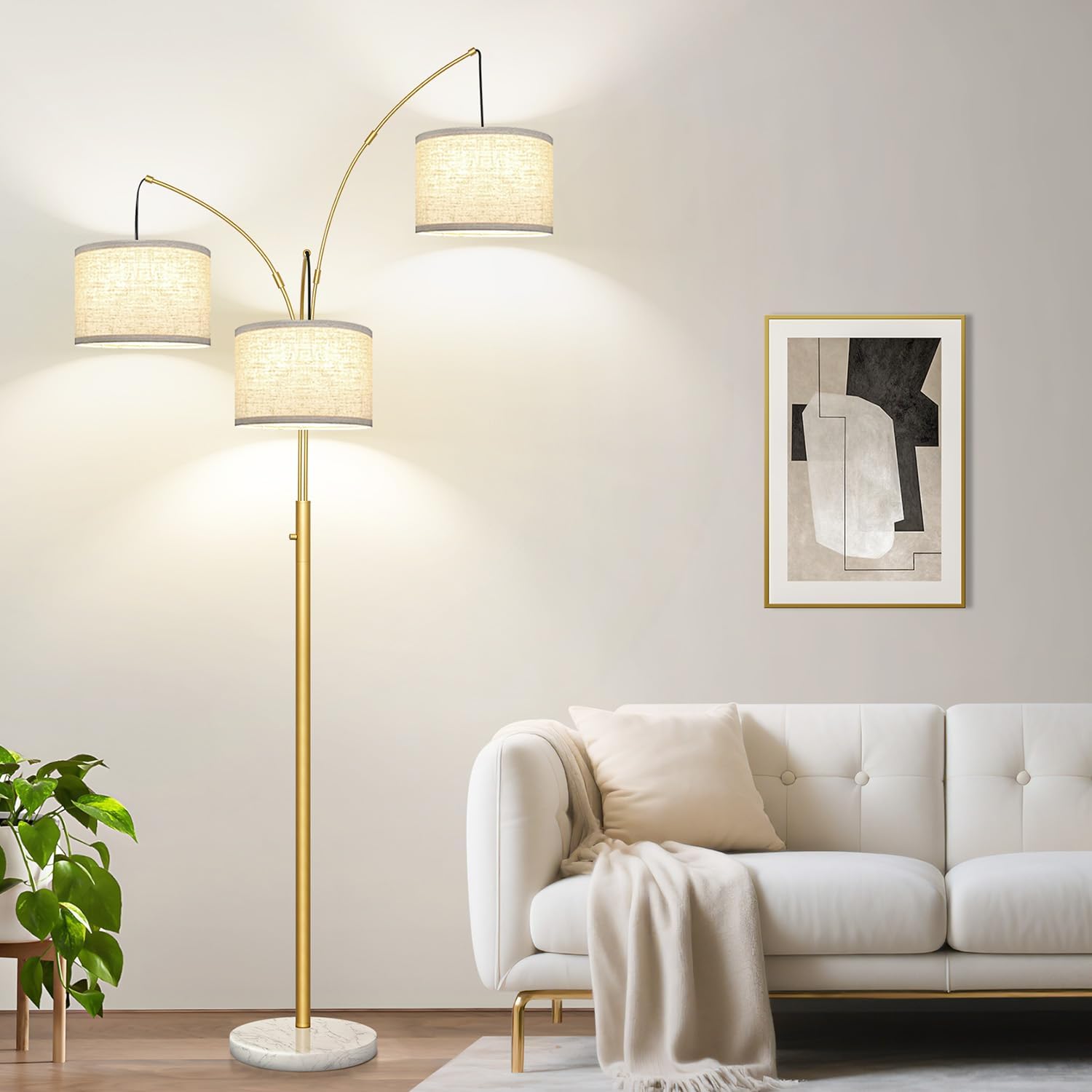 Detalle de Nintiue Dimmable Arc Floor Lamp, 3 Lights, Marble Base, Gold Finish