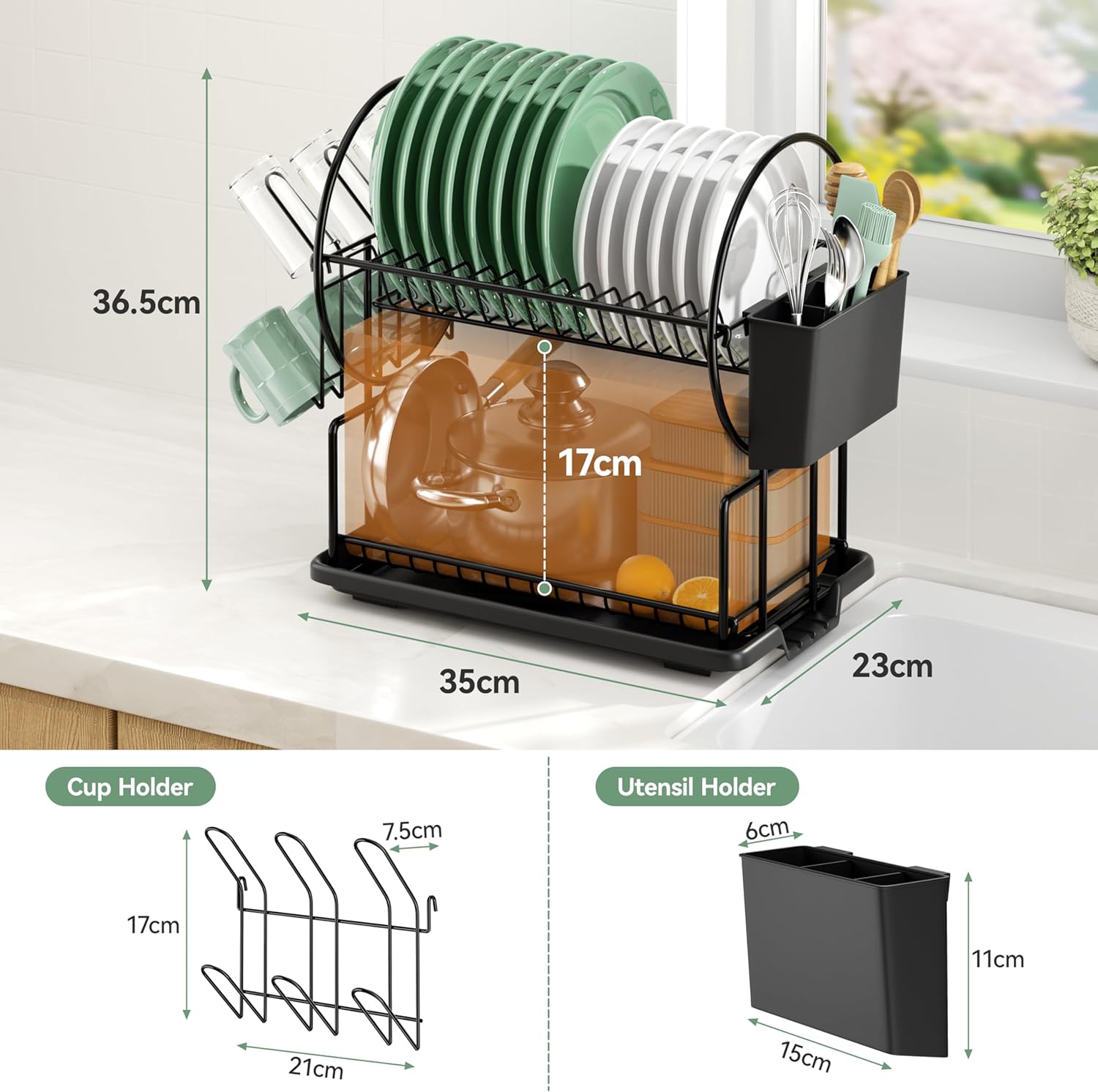 Detalle de niffgaff 2‑Tier Black Dish Drying Rack for Kitchen Countertop – Stainless Steel Drainer with Drip Tray, Utensil Holder & Cup Holder for Small Spaces