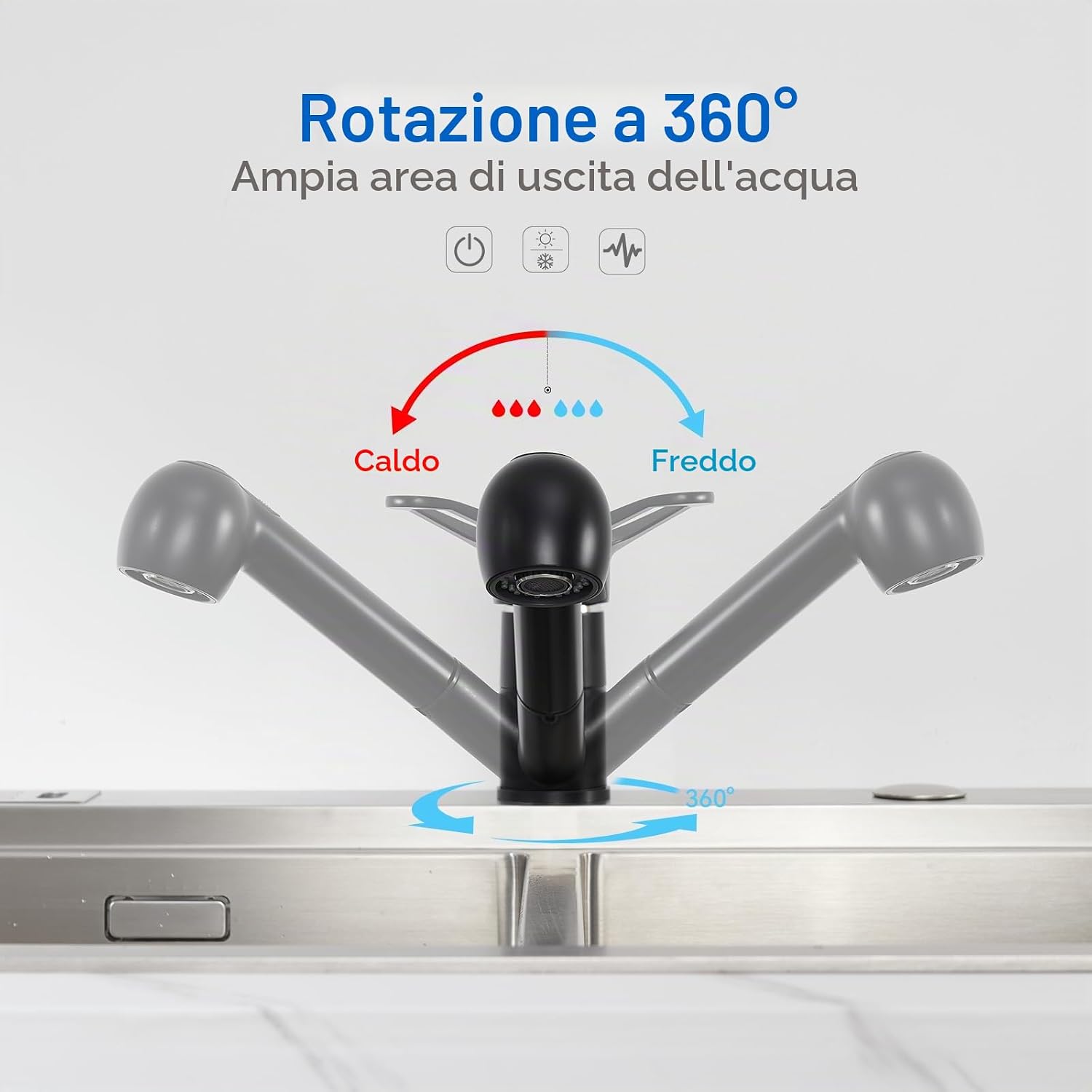 Thumbnail 3 de AuraLum Rubinetto cucina doccetta estraibile nero moderno, monocomando girevole 360° con 2 getti