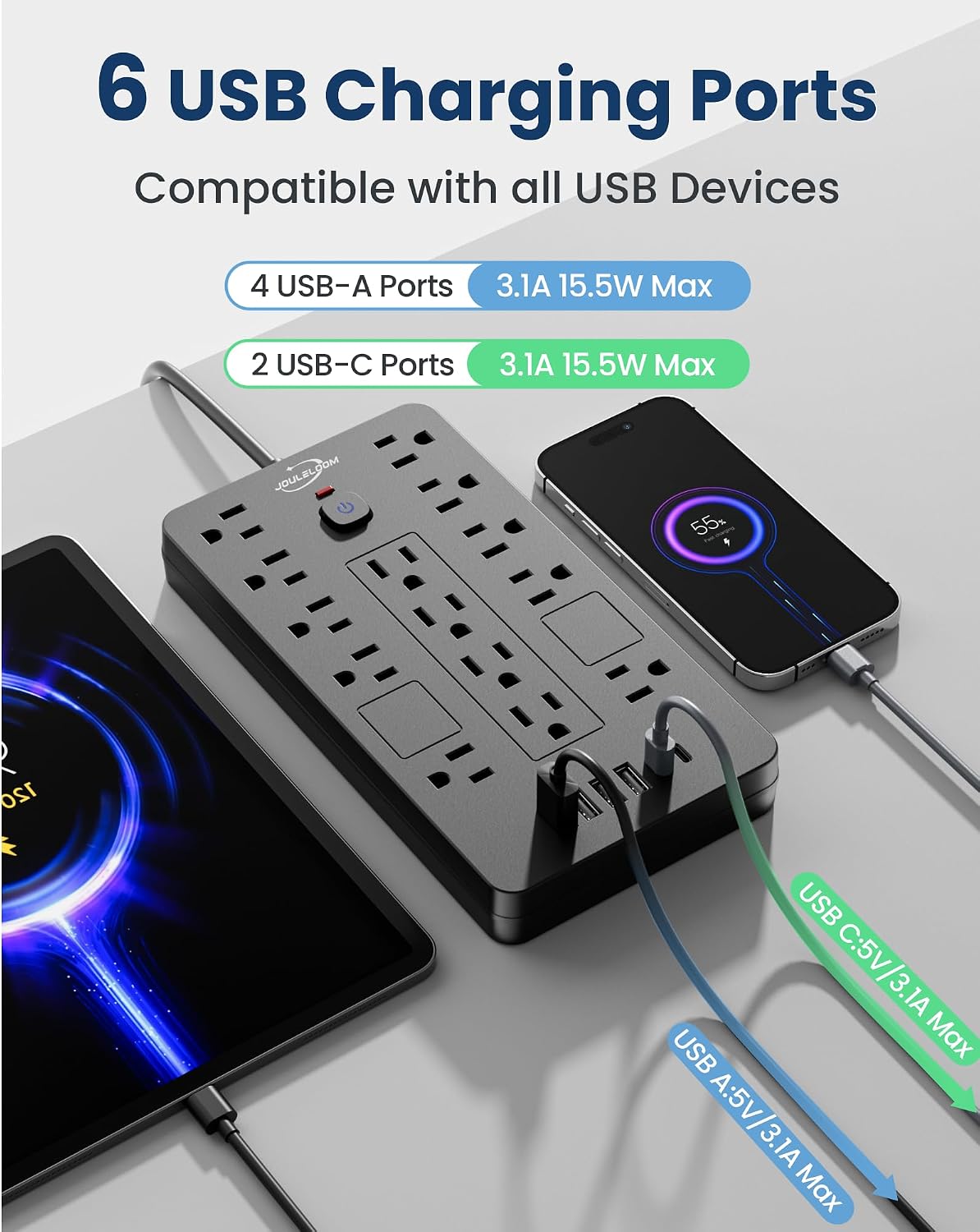 Detalle de JouleLoom TT-US814 Power Strip, 14 AC Outlets, 6 USB Ports, 6-ft Cord