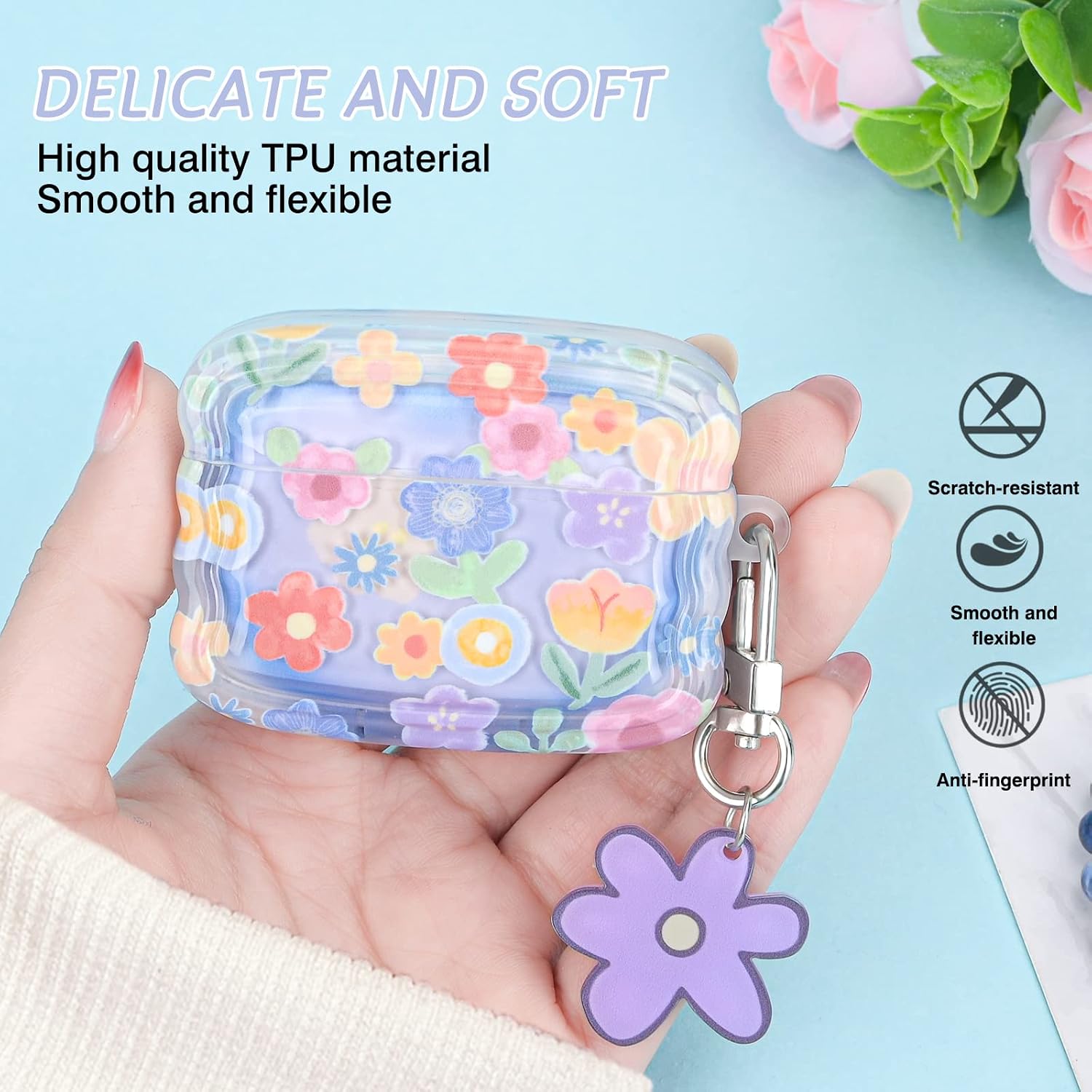 Detalle 2 de Newseego AirPods Pro Case Cover: Cute Flower Pattern with Wave Frame, Soft TPU & Keychain