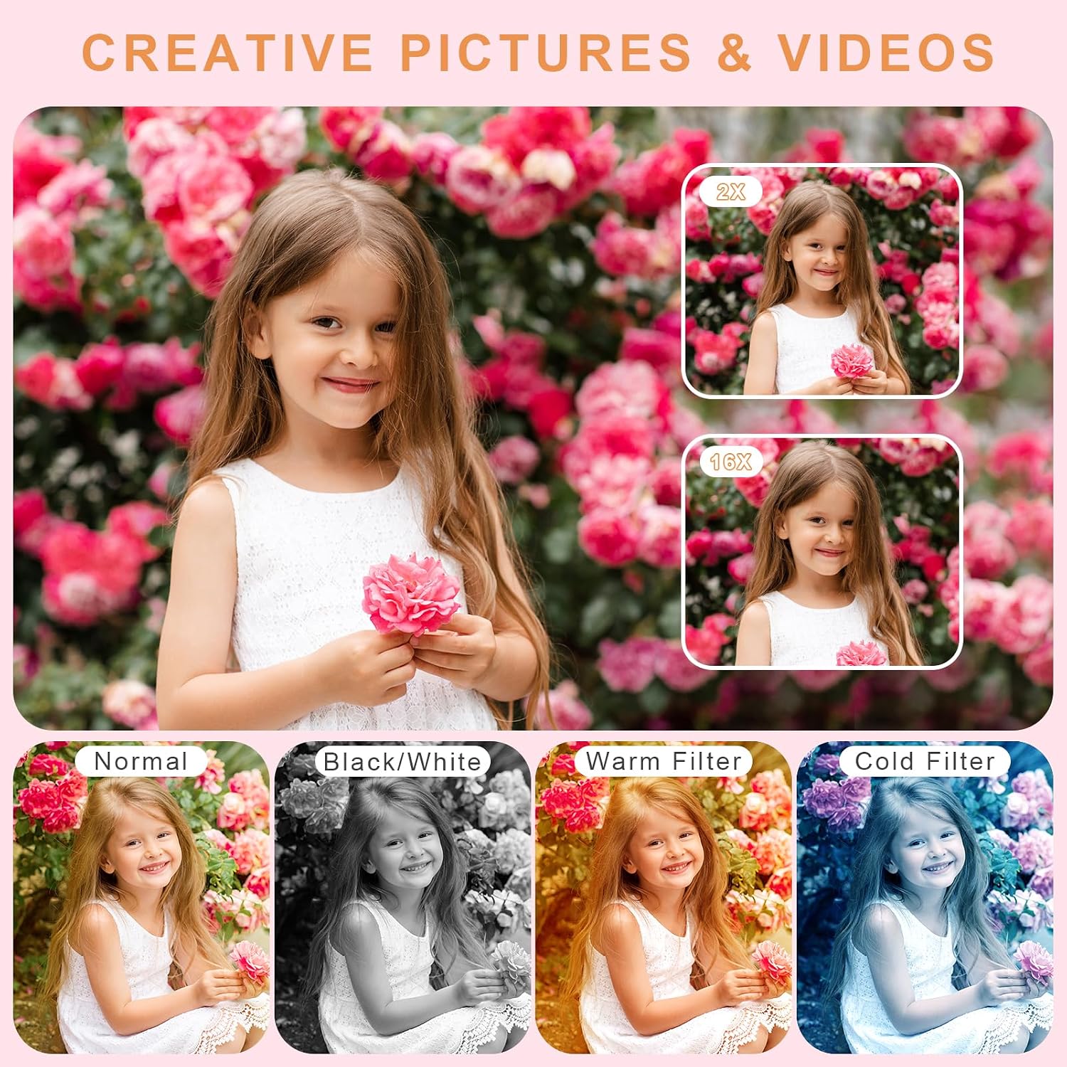 Detalle 2 de ocxu H15 Kids’ Digital Camera, 48MP, 16X Digital Zoom, Pink