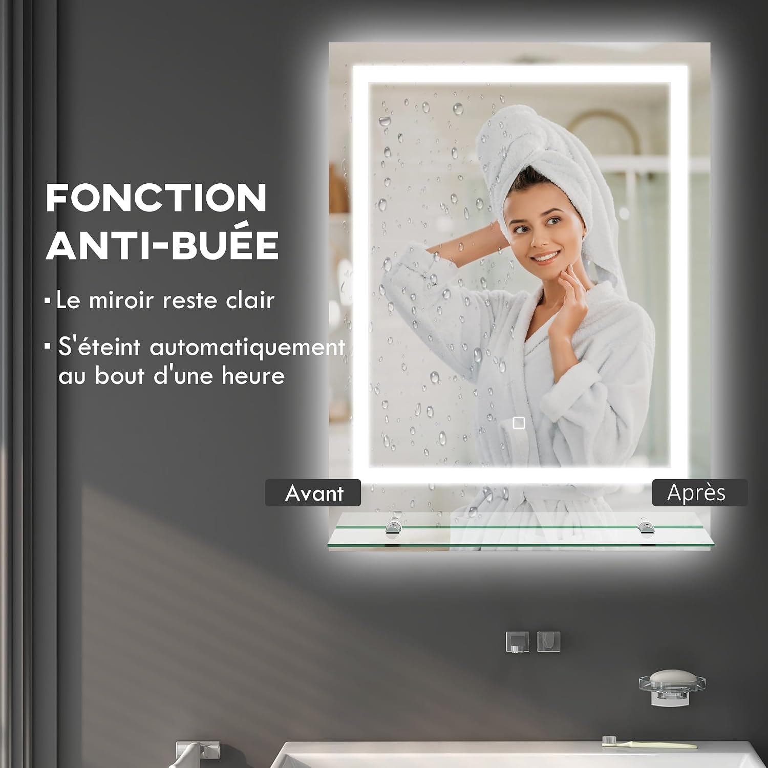 Thumbnail 4 de kleankin Miroir Lumineux LED rectangulaire avec étagère – 70 × 50 cm, anti-buée, interrupteur tactile