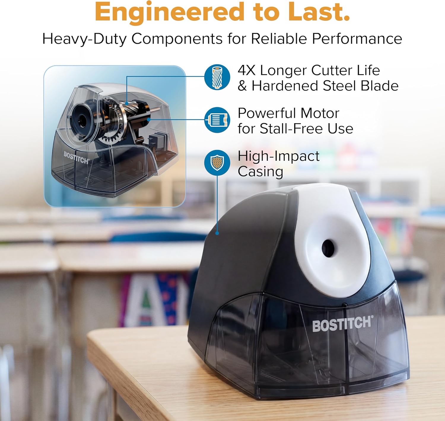Detalle de Bostitch Office Electric Pencil Sharpener (Heavy Duty, Stall-Free Motor) with High-Capacity Shavings Tray, Black