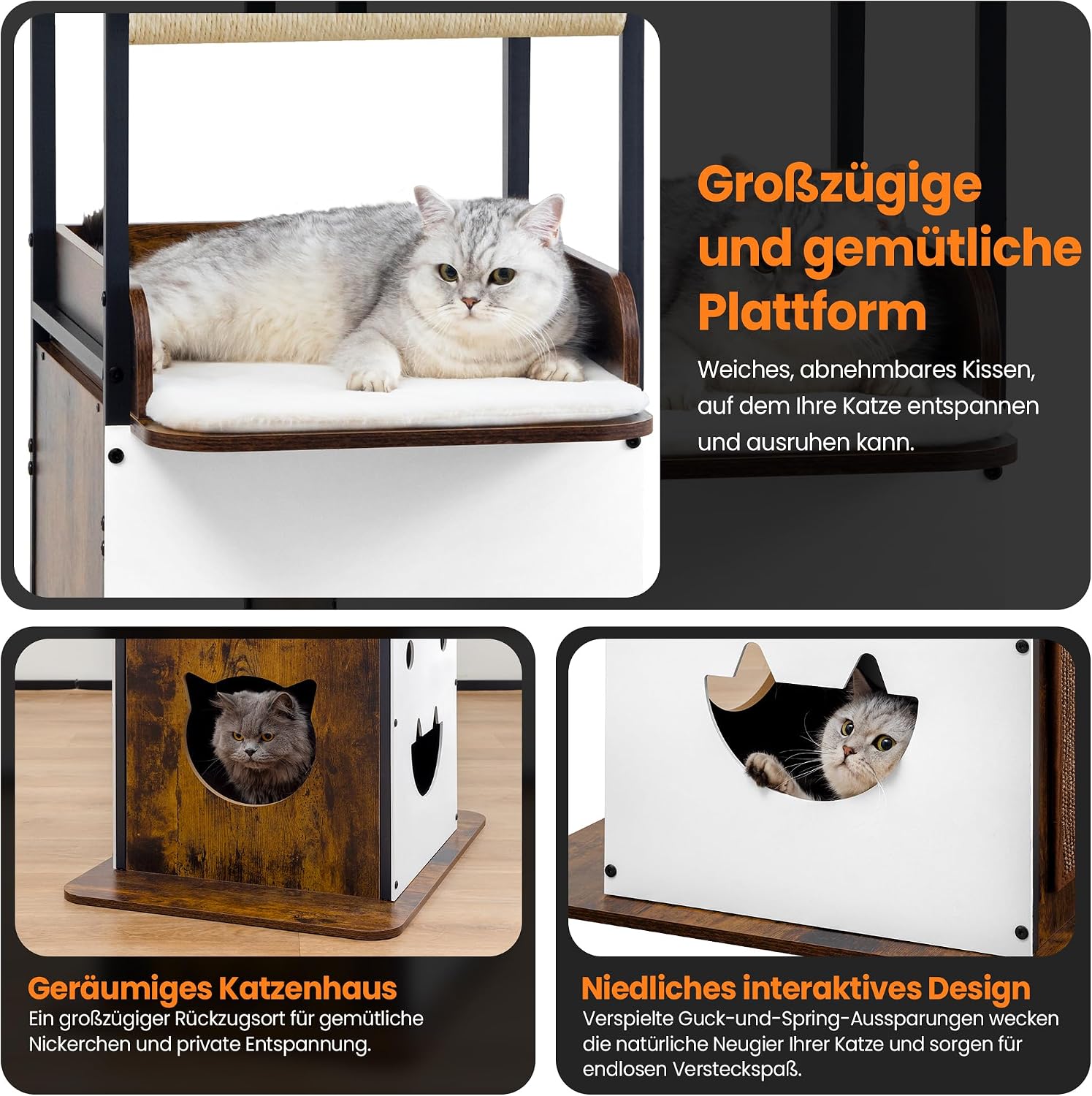 Detalle de Kratzbaum 122 cm hoch aus Holz – Katzenbaum Vintage Braun mit Sisal, Höhle und Plüschkissen