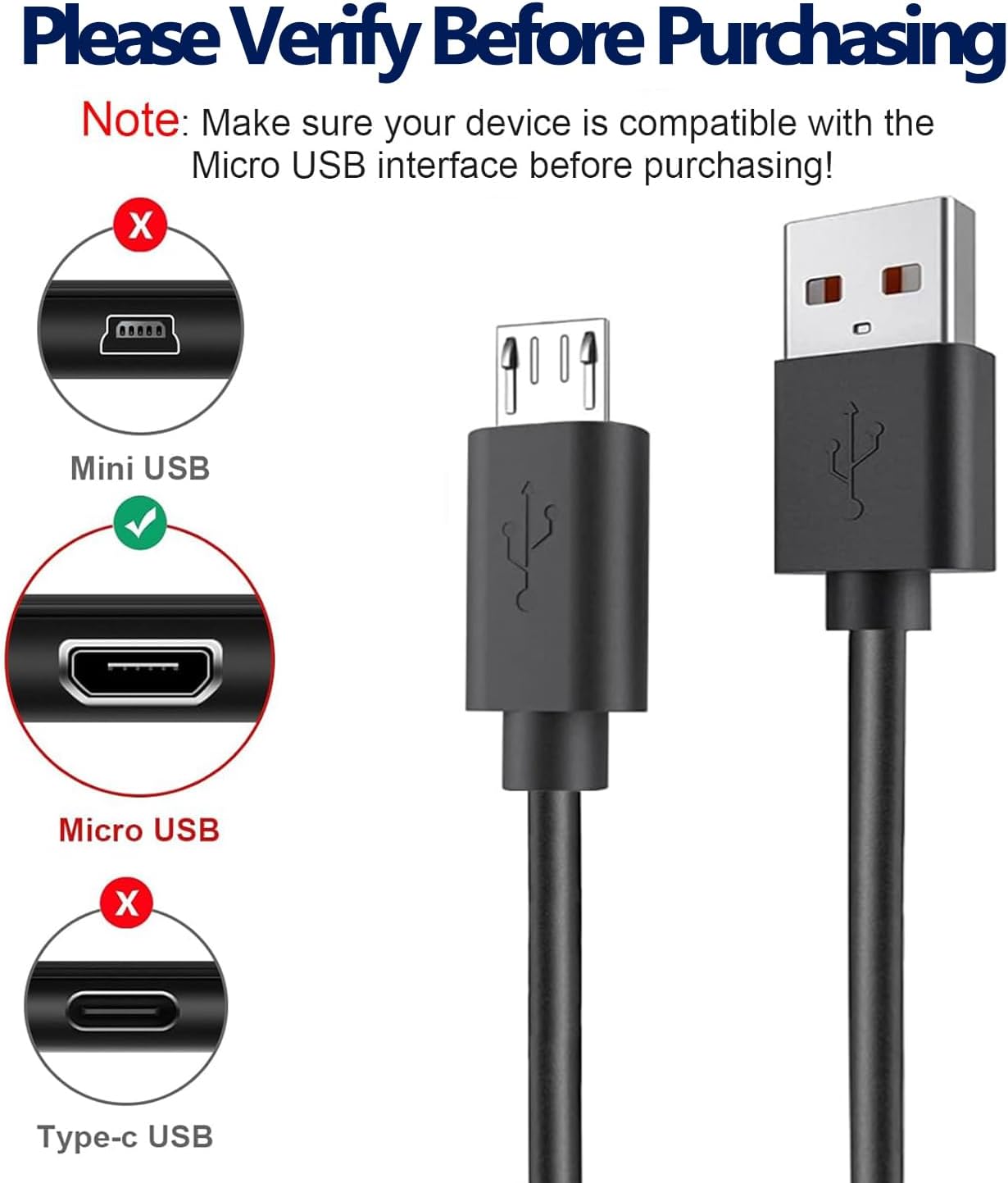 Thumbnail 2 de 5FT Micro USB Charger Cable for Simplehuman Round Mirrors (5" & 8"), USB-A to Micro USB, Black