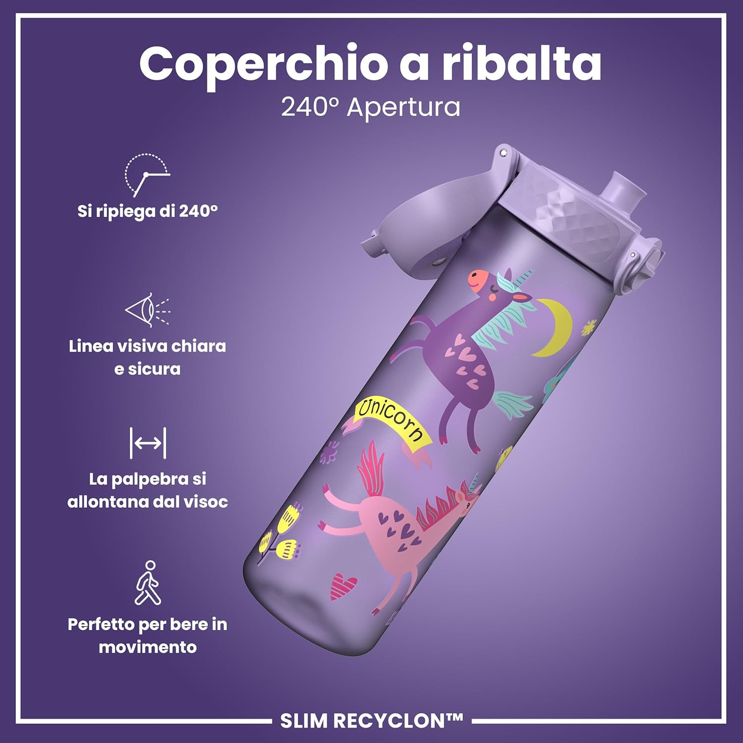Detalle 2 de Ion8 Borraccia a Prova di Perdite 500 ml – Unicorni viola, lavabile in lavastoviglie, BPA-free