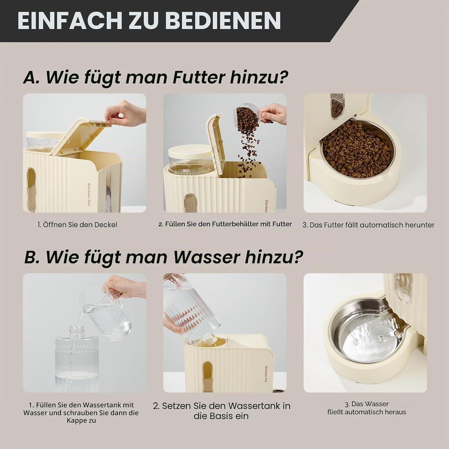 Detalle de Gardner Pet automatischer Futter- und Wasserspender für Katzen/Hunde (2 Näpfe, 3 L + Edelstahl, ohne Strom) – Beige