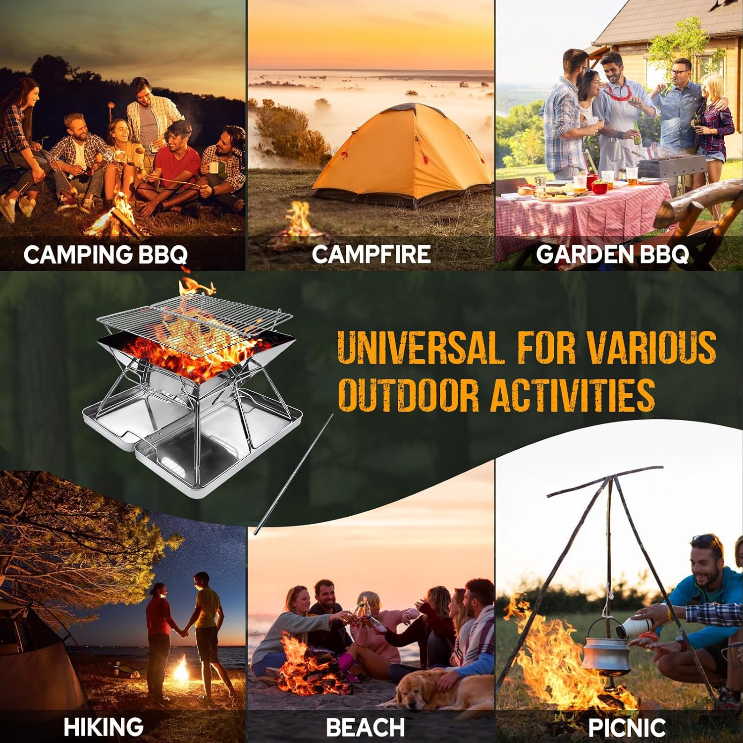 Thumbnail 6 de Hanviter Portable Fire Pit for Camping – Collapsible stainless steel grill with carry box for BBQs, picnics and bonfires