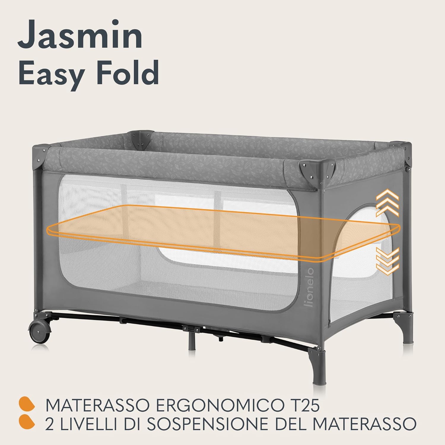 Detalle de Lionelo JASMIN Premium Lettino da Viaggio per Bambini 0‑36 Mesi con Materasso T25, Easy Fold e Ruote