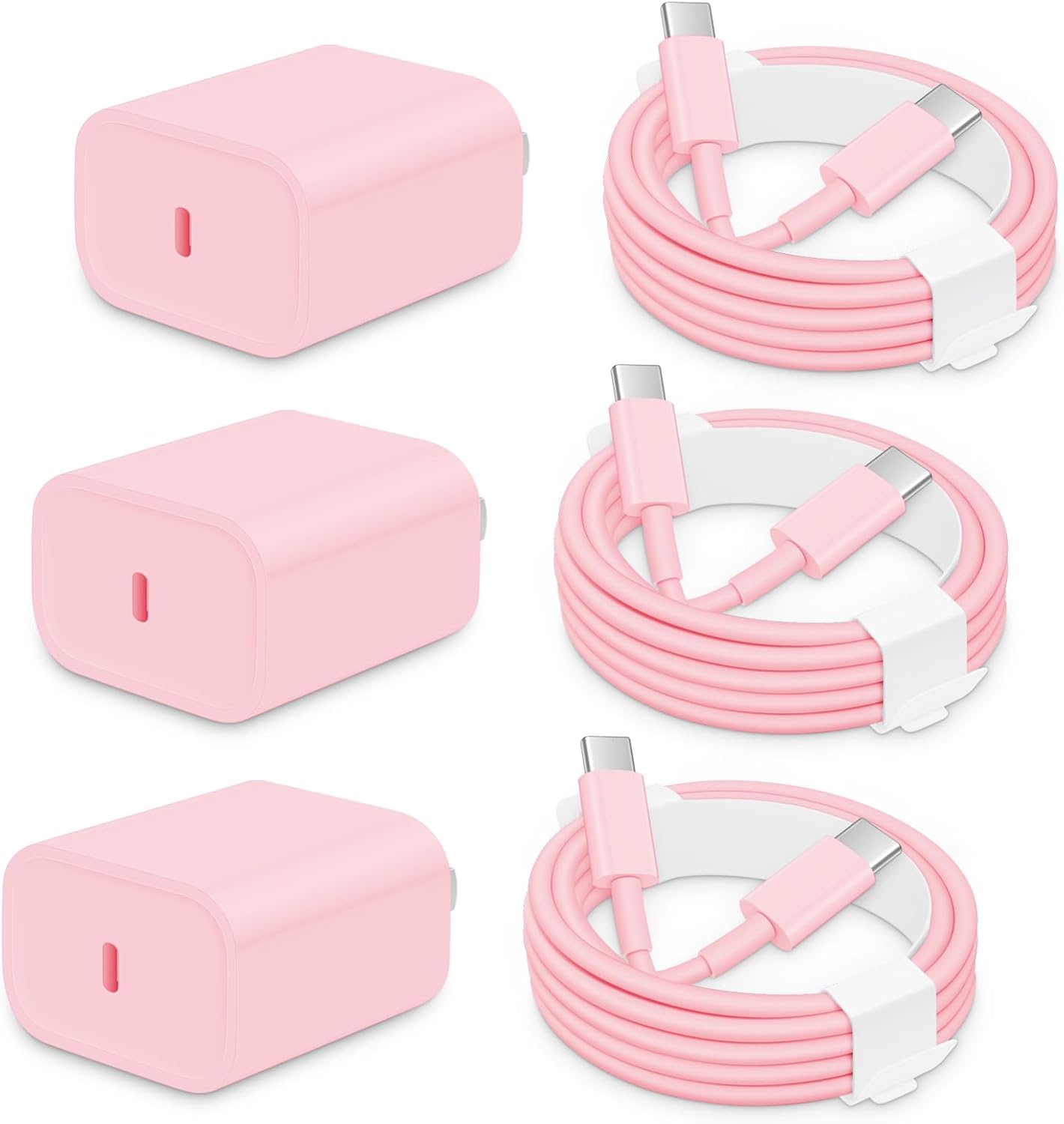 Detalle de AISNI CA-43T USB-C Charger 3-Pack, 20W Adapters, 6 ft Cables, Light Pink