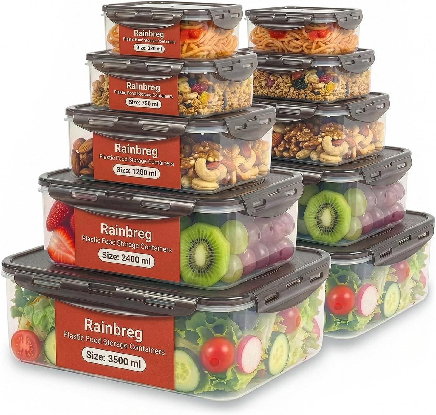 Detalle de Rainberg 20-Piece Food Storage Containers Set: Airtight, Leak-Proof and Stackable