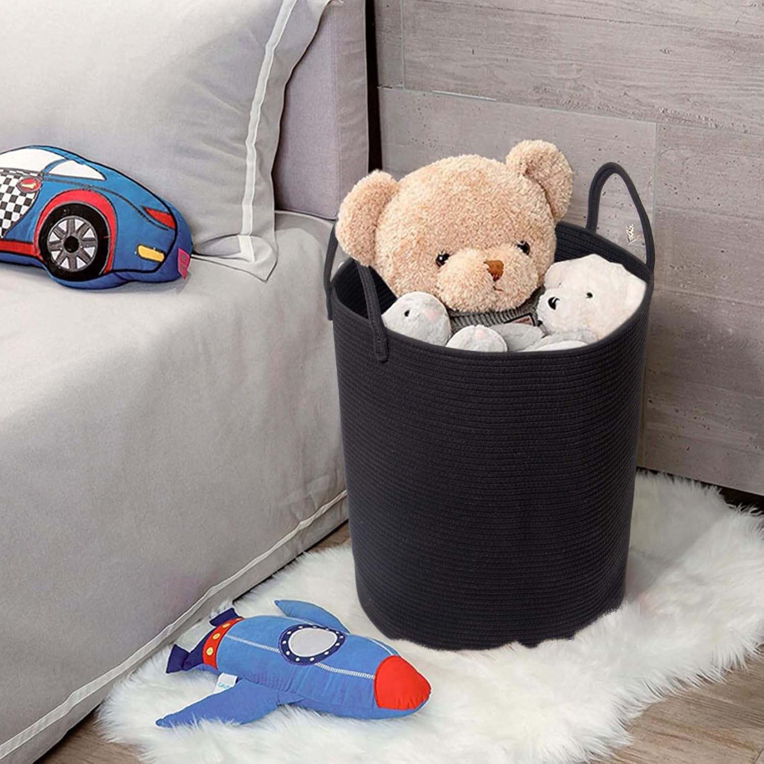 Thumbnail 3 de SYLANDO Wäschekorb mit Henkel – geflochtene Aufbewahrungsbox für Spielzeug & Wäsche (Schwarz, D 38 x H 50 cm)