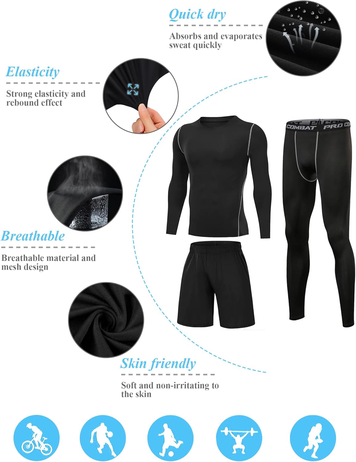 Thumbnail 2 de Terecey Ensemble Compression Homme 3 Pièces – T-Shirt à Manches Longues, Legging et Short pour Running et Musculation