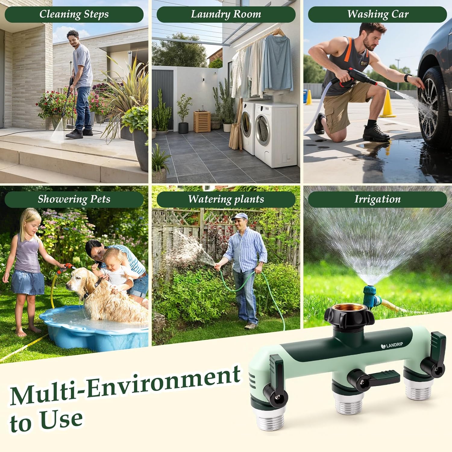 Thumbnail 5 de Landrip 3-Way Garden Hose Splitter (3/4 Inch) with Full Flow & 3 Individual Valves