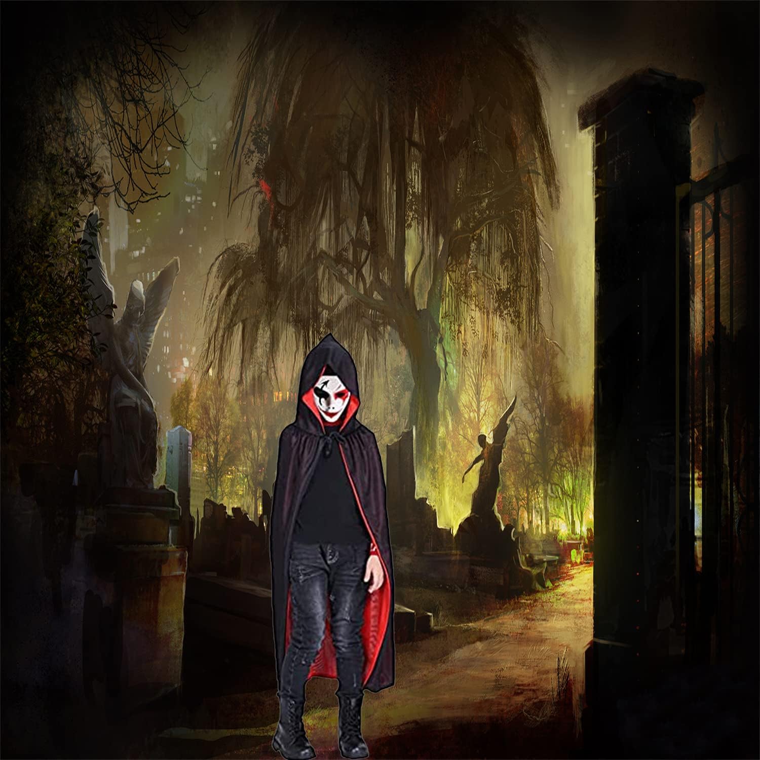 Thumbnail 4 de OUQIWEN omkeerbare vampiercape met kap, zwart-rood en uniseks
