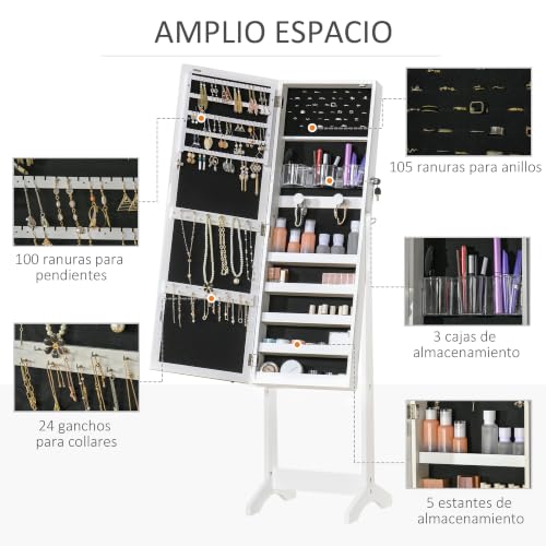 Detalle 1 de HOMCOM espejo joyero de pie con LED, cierre con llave y 100 ranuras para pendientes