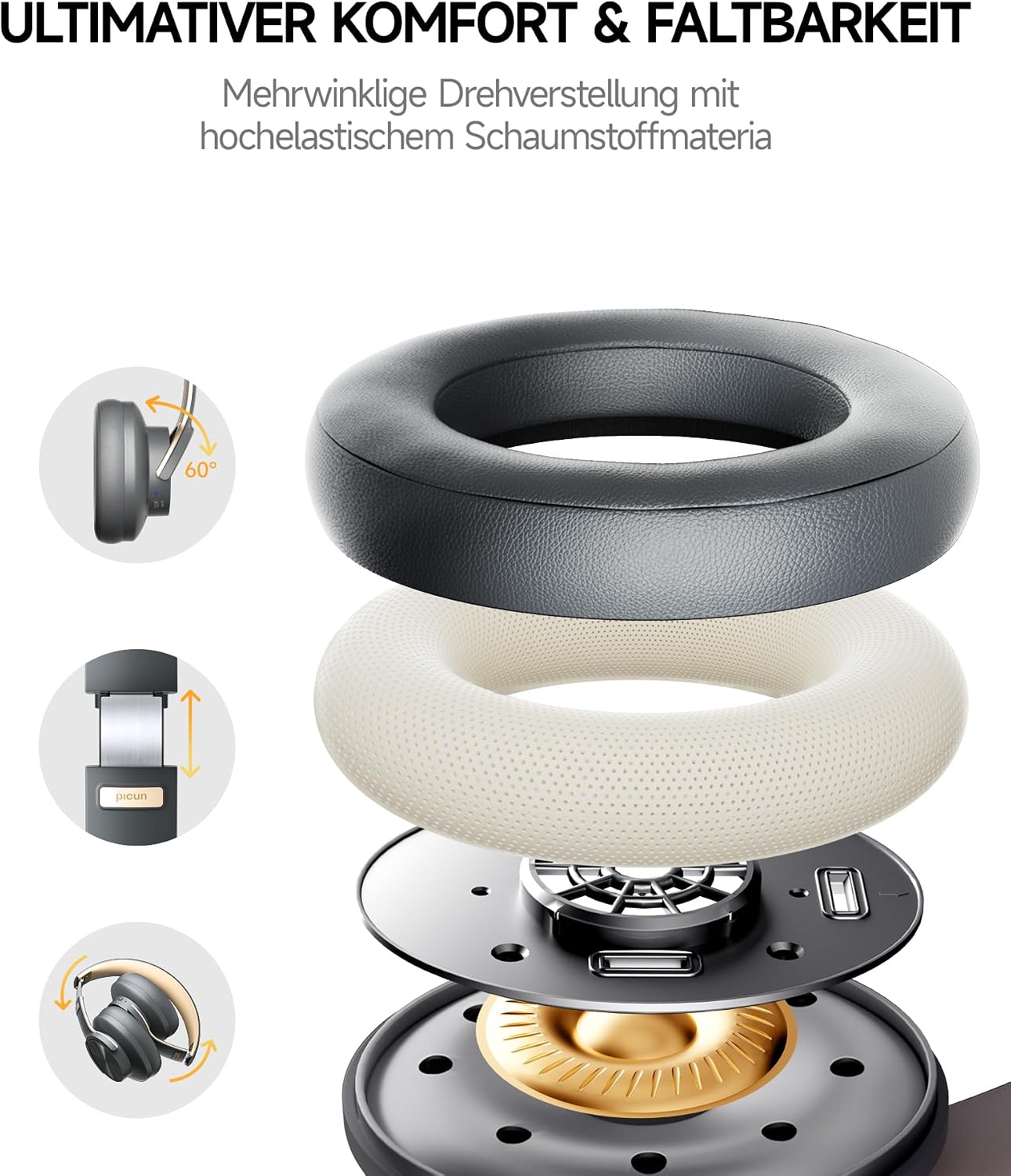 Detalle de Picun B8 Bluetooth-Kopfhörer (Over-Ear) – kabellos, 120H Spielzeit, niedrige Latenz, 3 EQ-Modi (Grau & Gold)