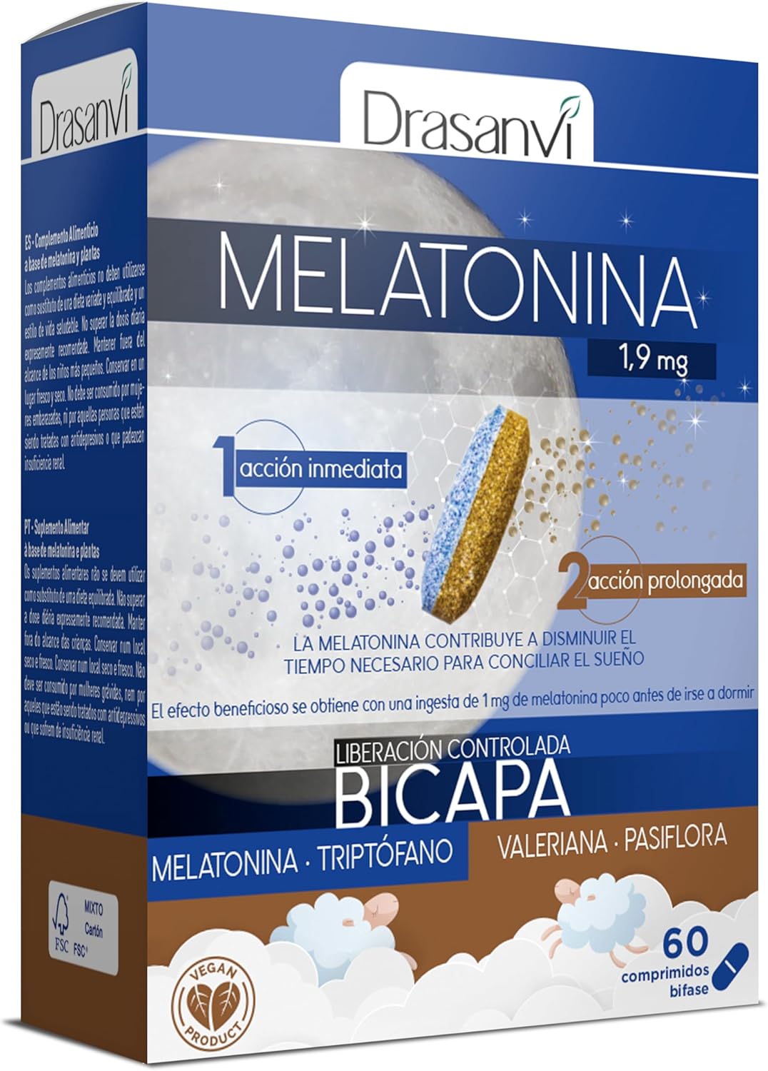 Detalle de Drasanvi Melatonina Bicapa 1,9 mg 60 comprimidos