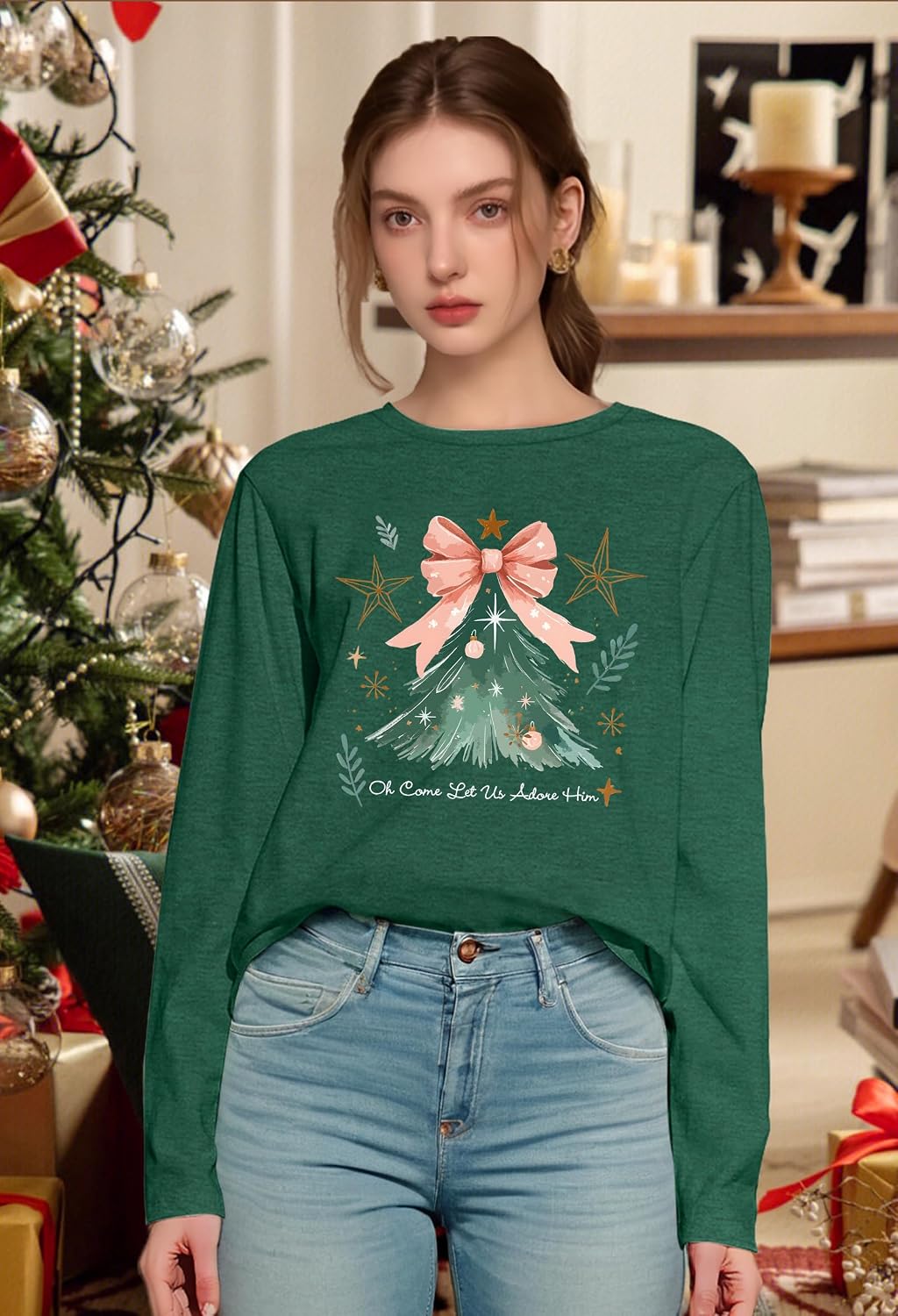 Detalle de tiorhooe Weihnachtsshirt Damen Langarm 2025 – lustiges Christmas-Shirt mit Tannenbaum-Druck