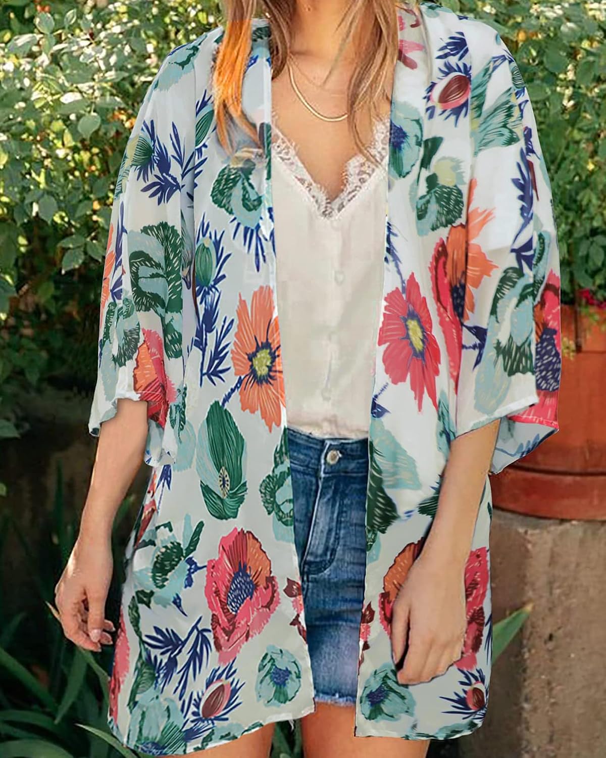Detalle de CHICALLURE Long Chiffon Kimono Cover-Up, Floral, Open Front, Knee-Length