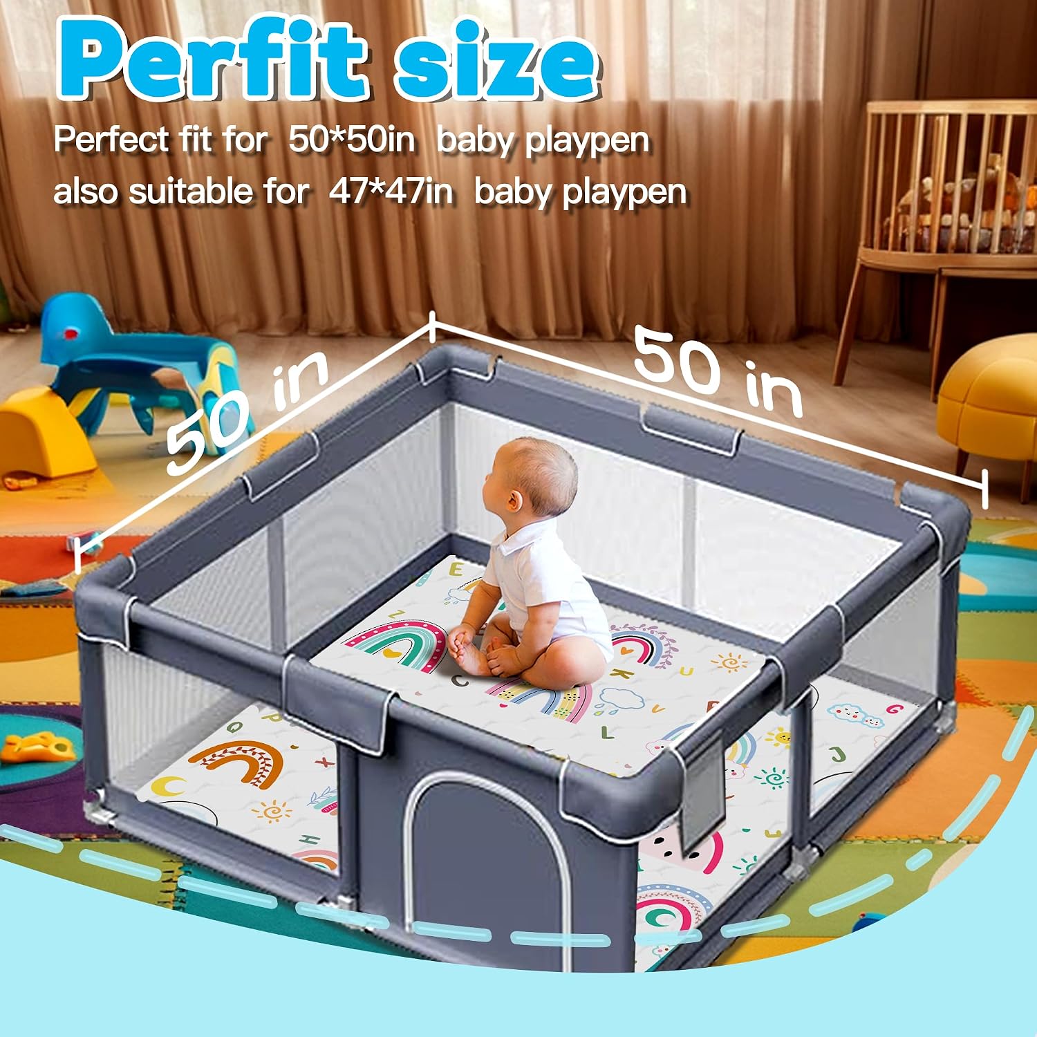 Detalle de FUGWU 50 x 50 Inch Rainbow Baby Play Mat, Foldable and Machine Washable