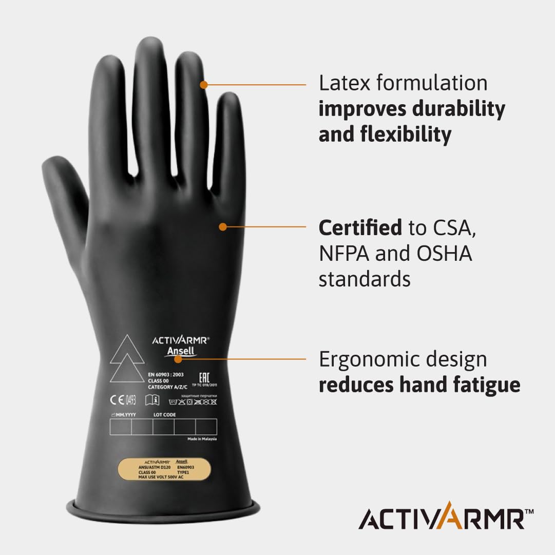 Detalle de Ansell ActivArmr Guanti Dielettrici per Elettricisti – Classe 0/00, 28 cm, taglia L, lattice isolante