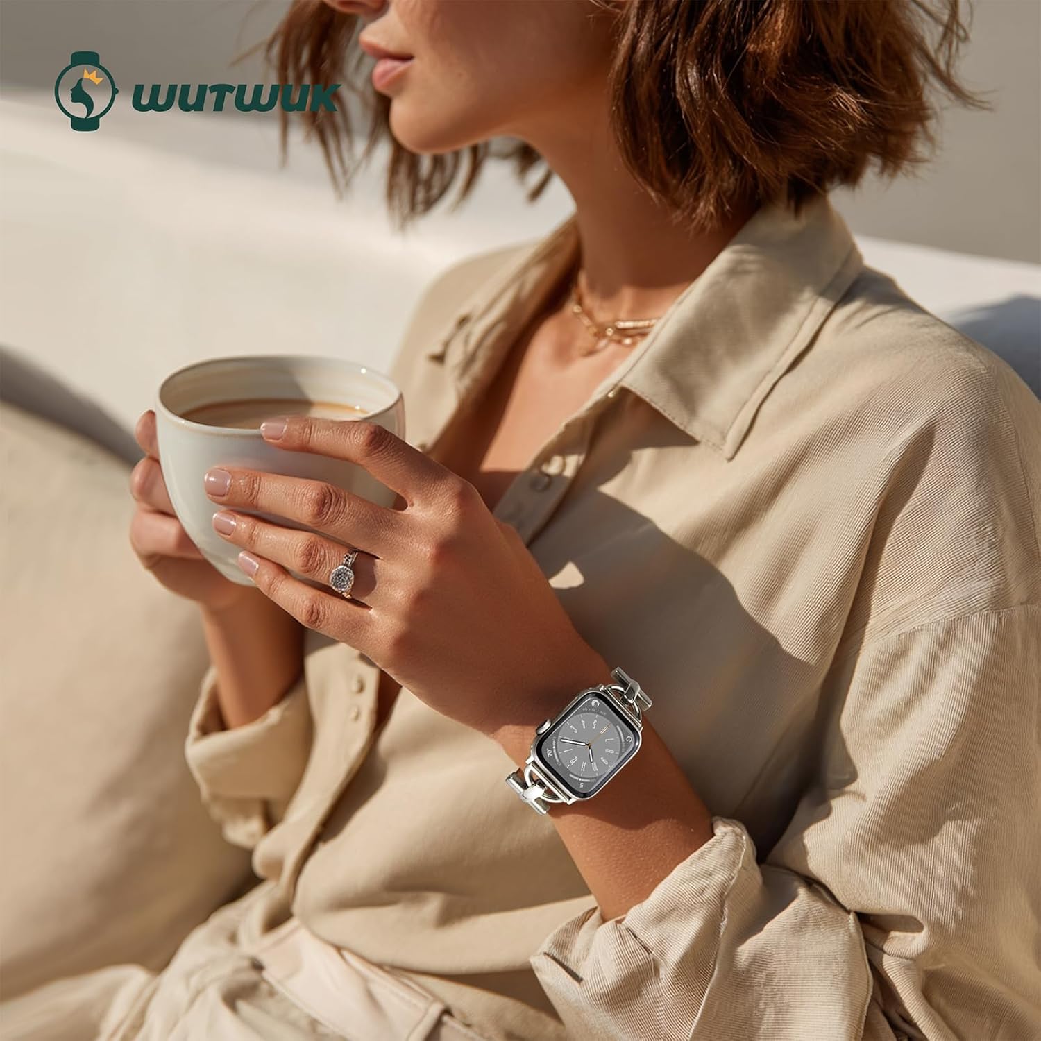 Detalle de Wutwuk Leather Apple Watch Strap for Women — 38–42mm with D-Buckle (White & Silver), Compatibility with SE/Series 1–11