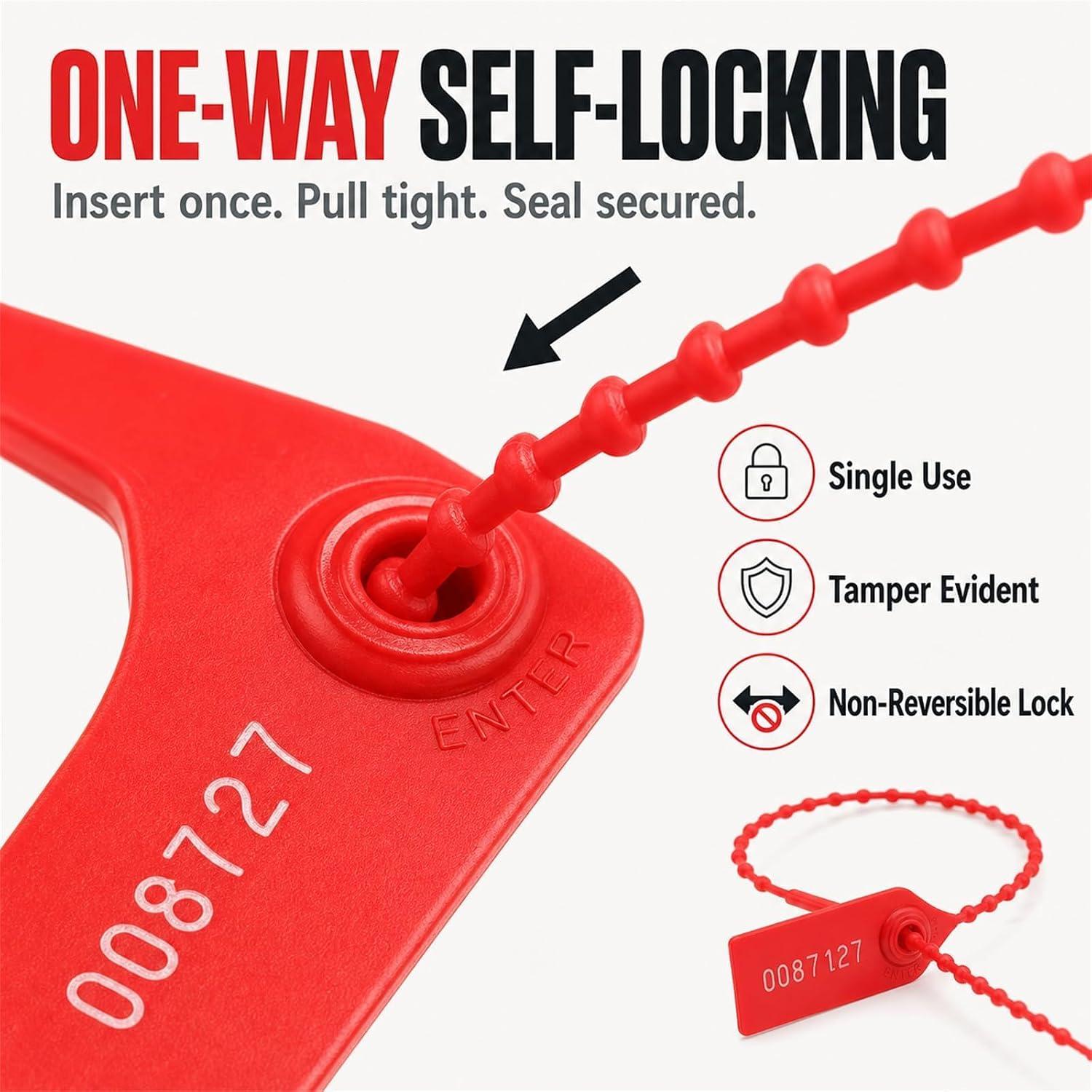 Detalle 2 de Hsoryrt Numbered Tamper-Evident Cable Seals, 250 mm, Red, 100-Pack
