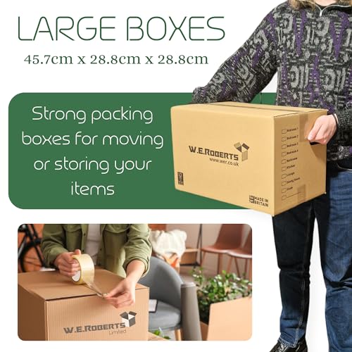 Detalle 2 de Moving Boxes x 20 Large Strong Cardboard Boxes by W.E. Roberts – 45.7 x 28.8 x 28.8 cm, with Handles and Room List