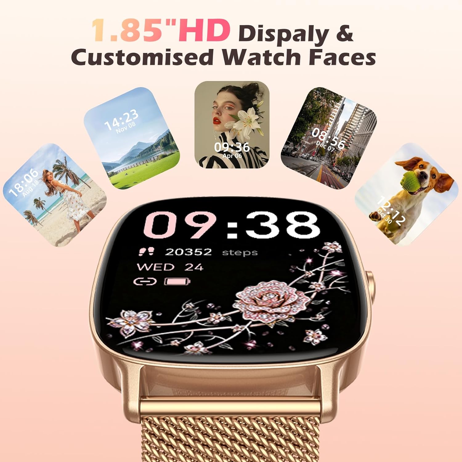 Thumbnail 5 de Gold women’s smartwatch with 1.85" HD touchscreen, call answering and IP68 water resistance