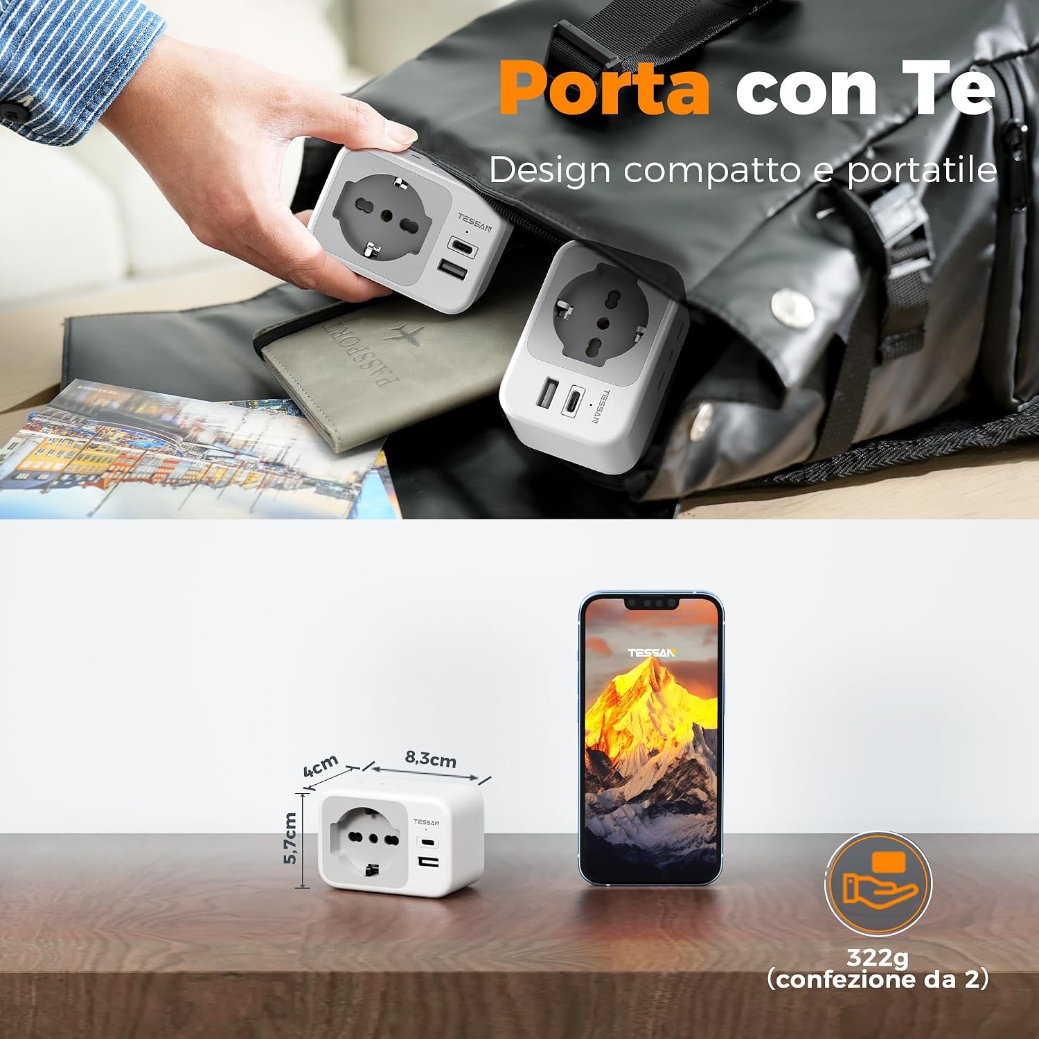 Detalle 2 de TESSAN Adattatore presa Inglese a spina Italiana Pack da 2 (Tipo G) con USB-C e USB-A, 5 in 1