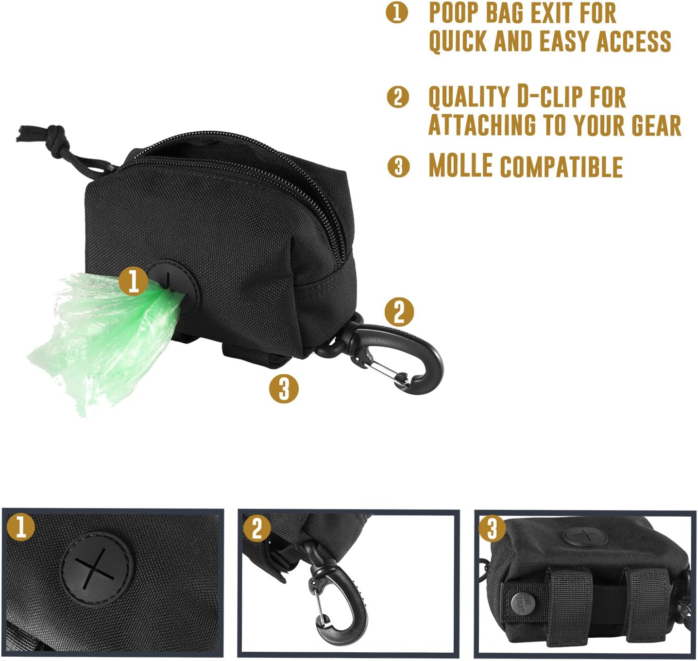 Detalle de OneTigris Distributeur Sac à Crottes Chien avec Système MOLLE et Mousquetons – Noir