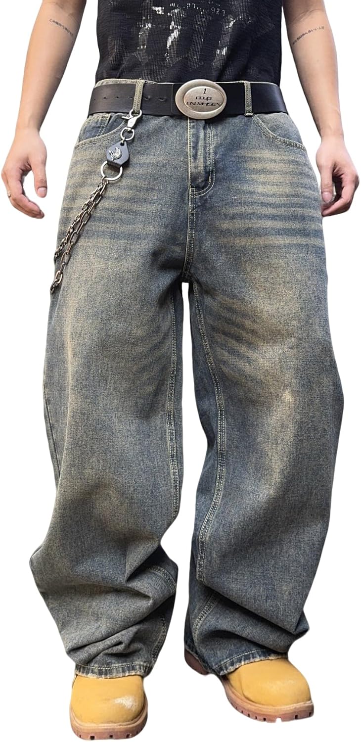 Detalle 2 de Zewool Herren Hip Hop Baggy Jeans – Zerstörte Distressed Denim im Y2K-Style, Weite Beinform