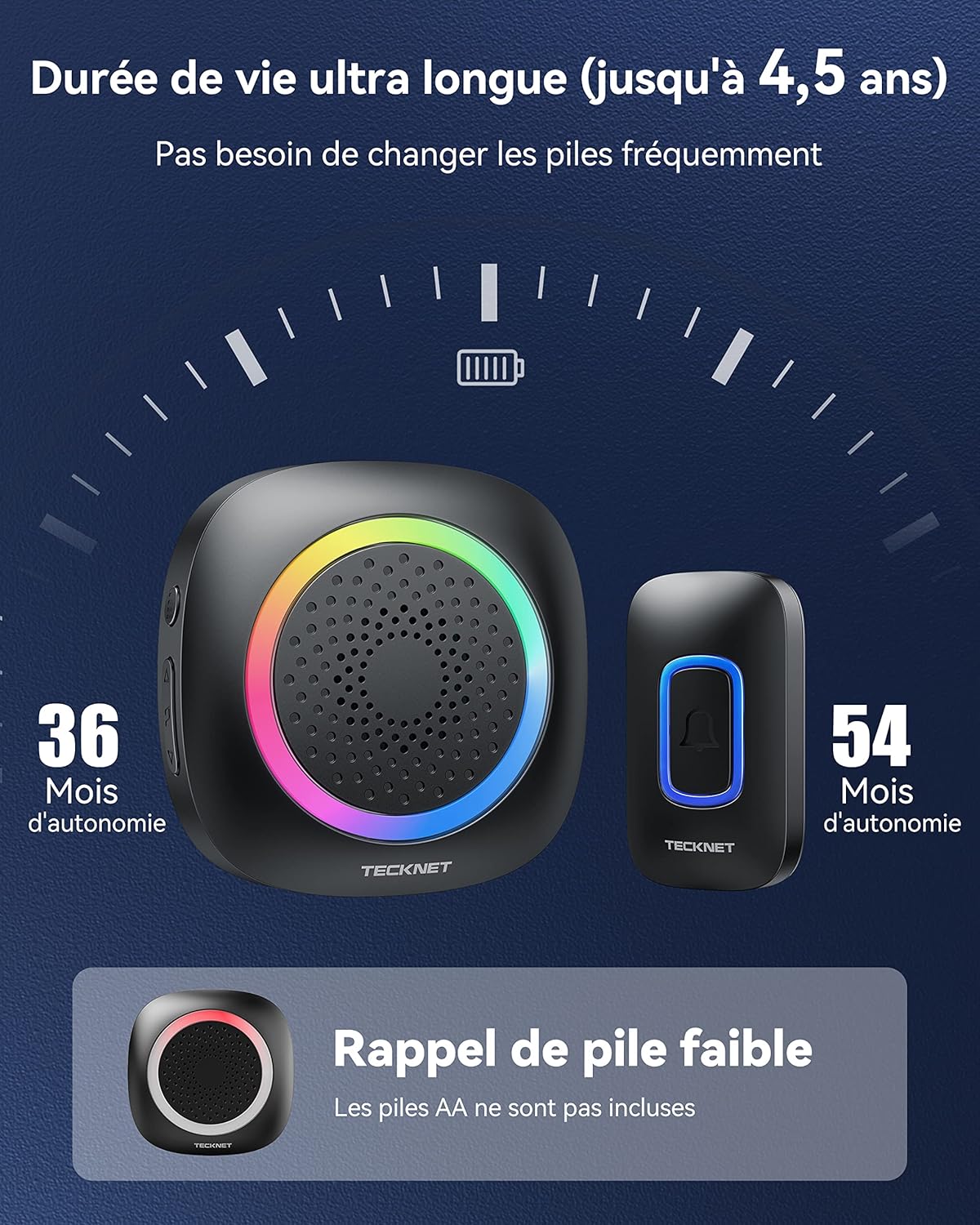 Detalle de TECKNET Sonnette sans Fil Extérieure Étanche à Pile — Portée 400 m, 60 Mélodies, IP66