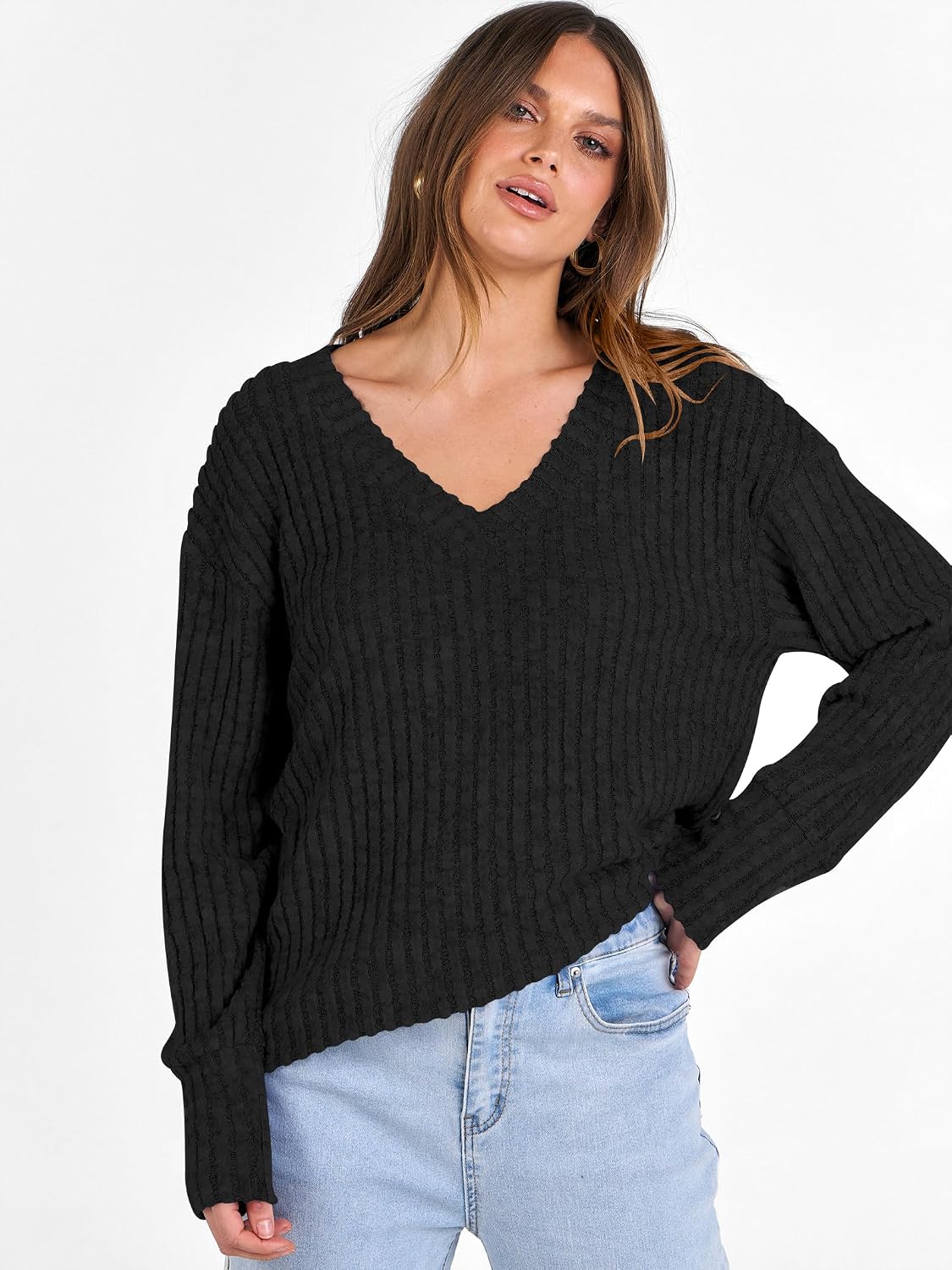 Thumbnail 1 de ANRABESS Long Sleeve V-Neck Tunic Lightweight Sweater