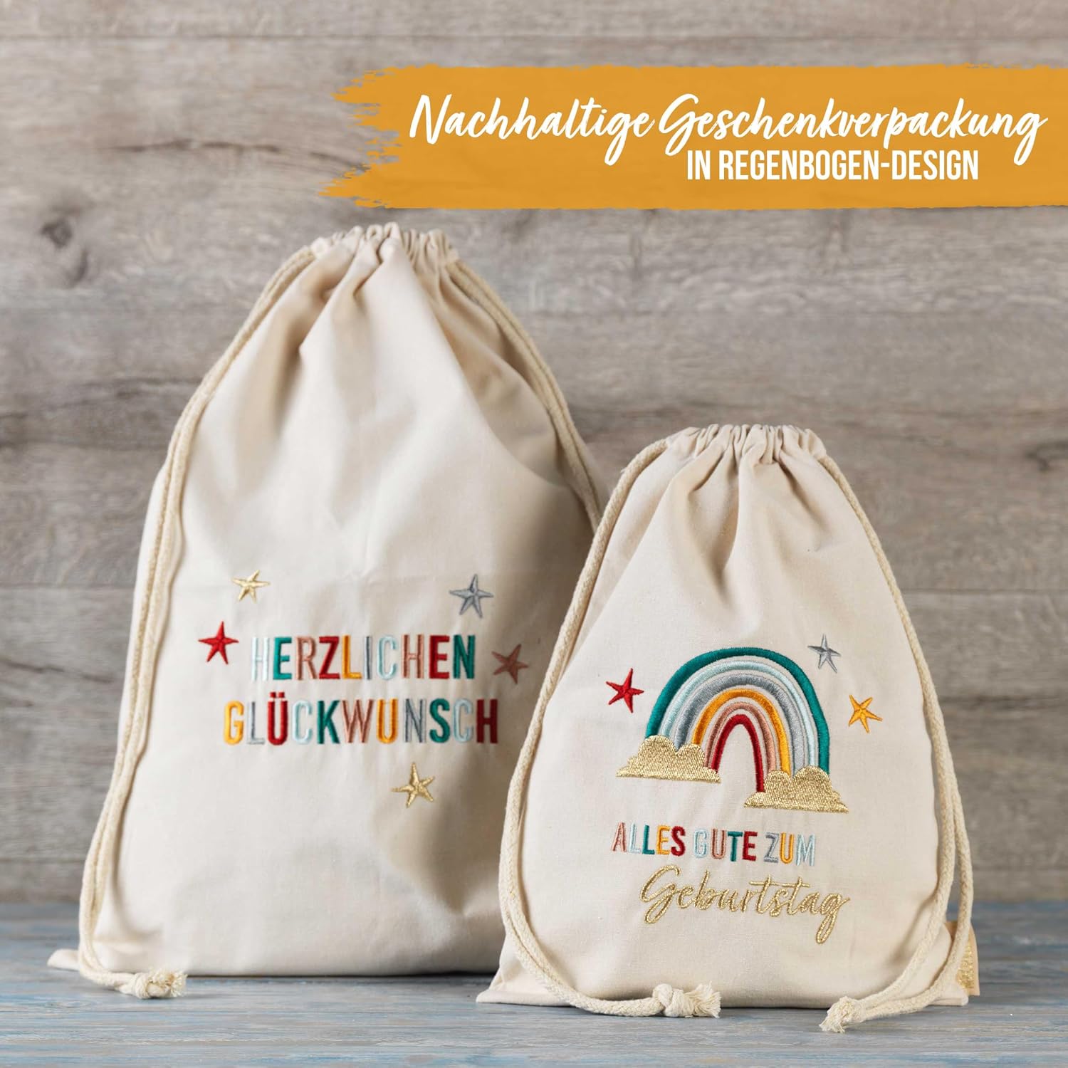 Detalle 2 de Papierdrachen Papierdrachen 2 Geschenksäckchen zum Geburtstag – Regenbogen aus Baumwolle, bestickt, mit Zugband