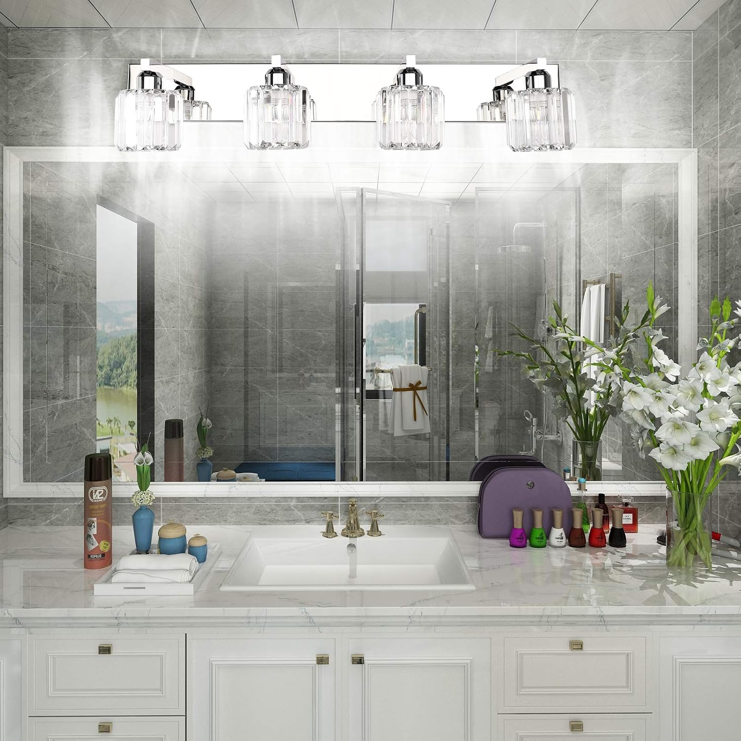Detalle de Aipsun 8460 Crystal Bathroom Vanity Light, 4-Light Wall Fixture