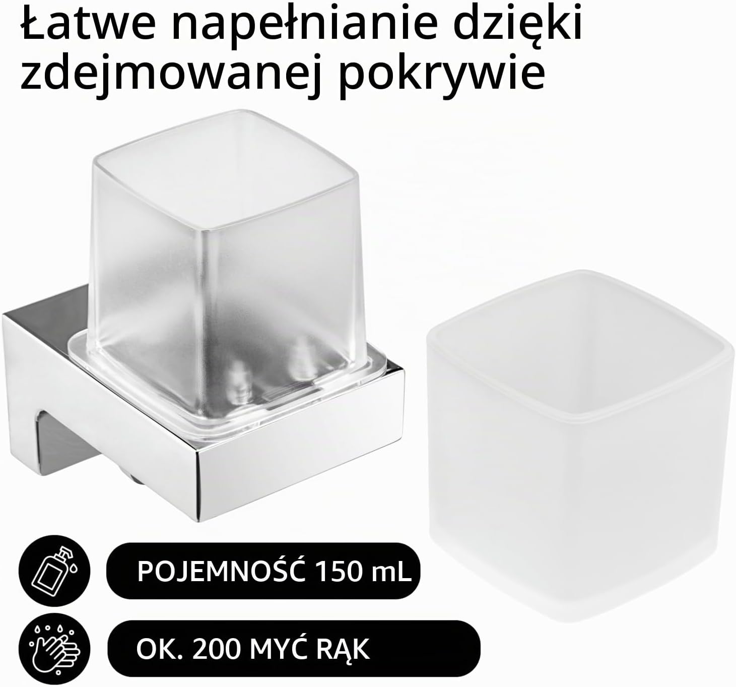 Detalle de EMCO CUE – ścienny dozownik mydła, chrom, 155 ml, obsługa jedną ręką