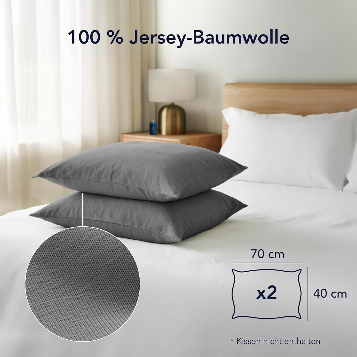 Thumbnail 1 de Dreamzie Kissenbezug 40x70 (Set mit 2) – 100% Jersey Baumwolle, OEKO-TEX, Anthrazit