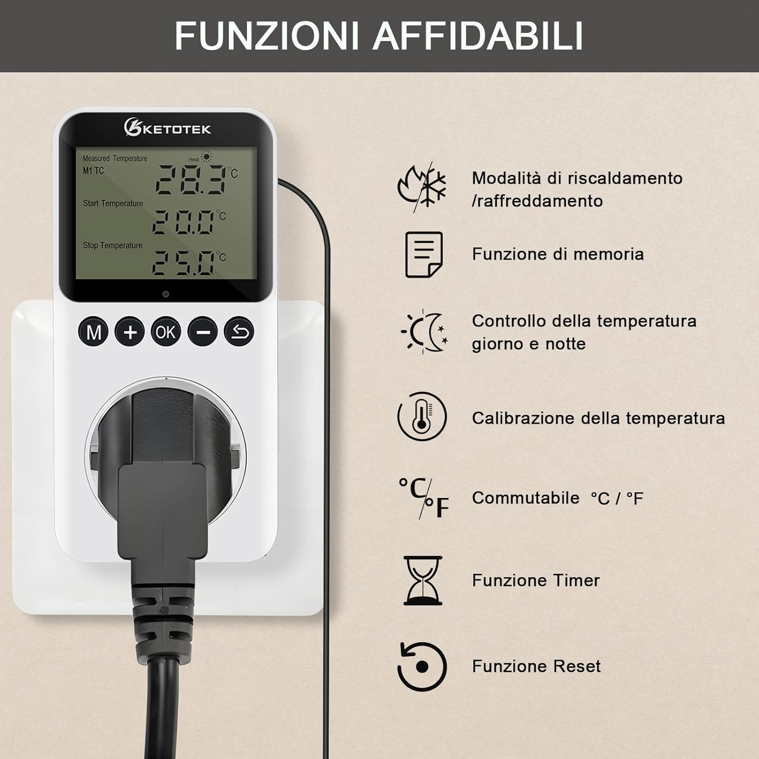 Thumbnail 1 de KETOTEK KT3200PRO presa termostato digitale con timer giorno/notte e sonda NTC 220V