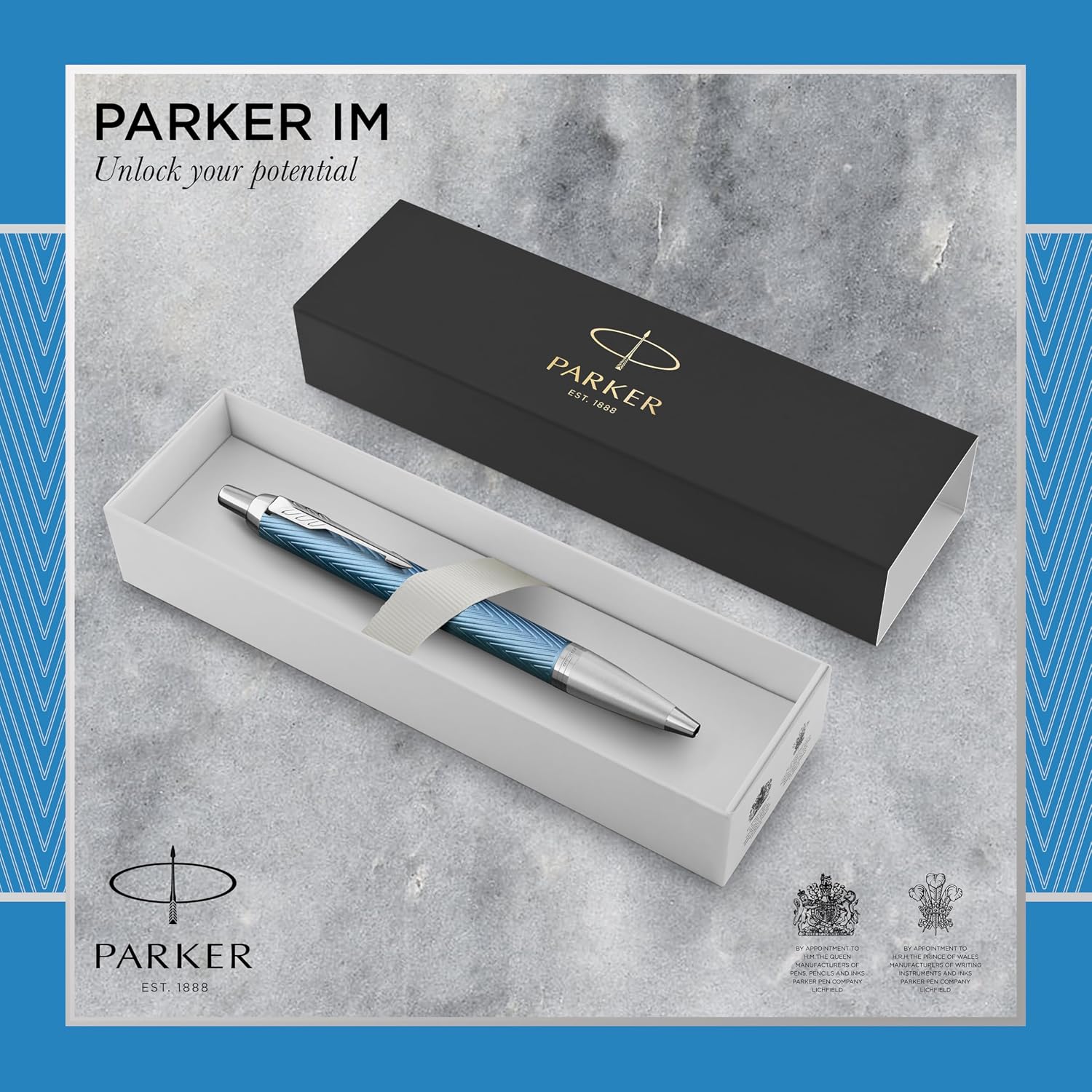 Detalle 2 de Parker IM stylo bille Bleu gris Premium à attributs chromés, pointe moyenne et encre bleue (coffret cadeau)