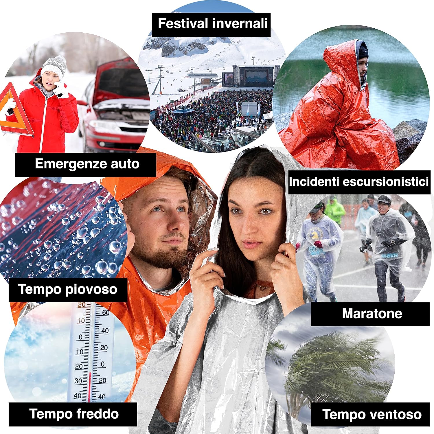 Thumbnail 3 de aZengear Poncho di emergenza e sopravvivenza (4 pezzi) in mylar, impermeabile e antivento, arancione