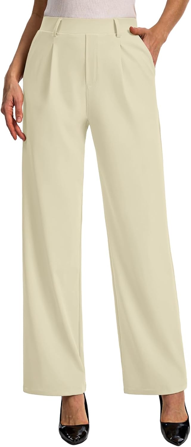Detalle de Feiersi Wide-Leg Pull-On Work Pants, Stretchy High Waist with Pockets