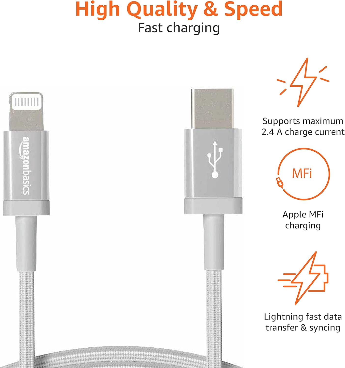 Thumbnail 2 de Amazon Basics USB‑C to Lightning Cable (MFi Certified, Nylon Braided) – 1.8 m, Silver