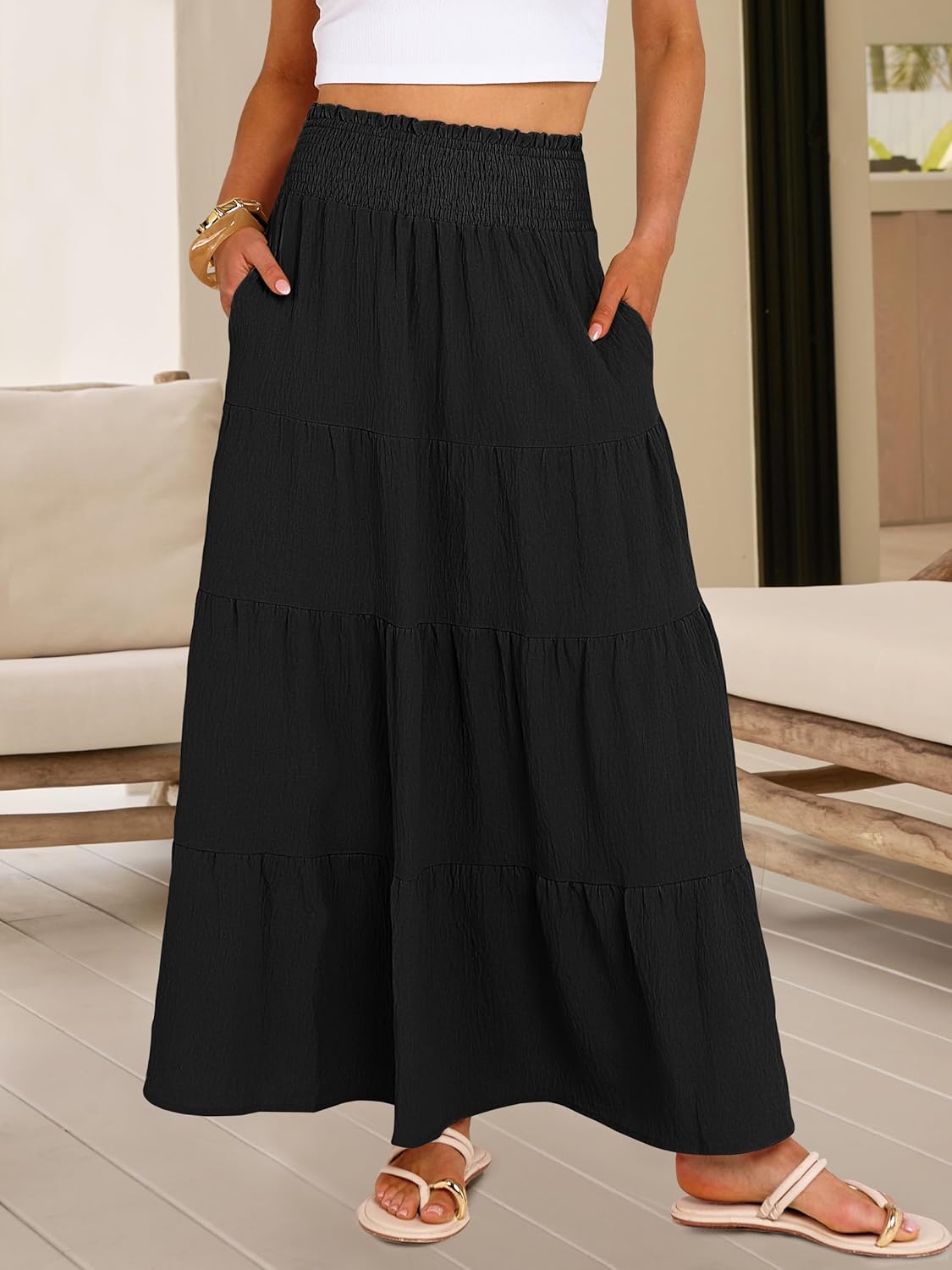 Thumbnail 6 de ANRABESS Women's Maxi Skirts — Elastic High Waist, A-Line Tiered Boho Style